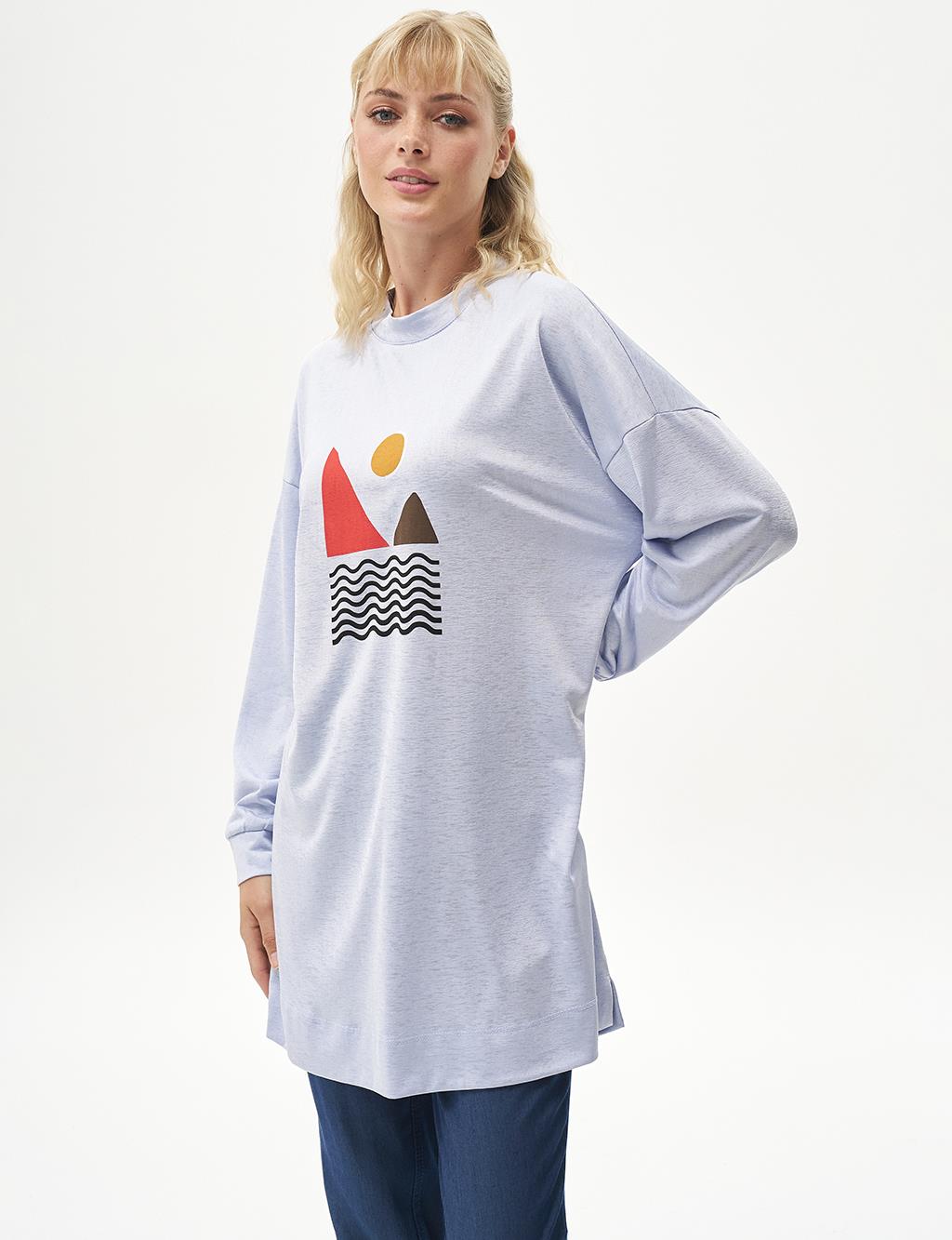 Geometrik Desenli Sweatshirt Mavi