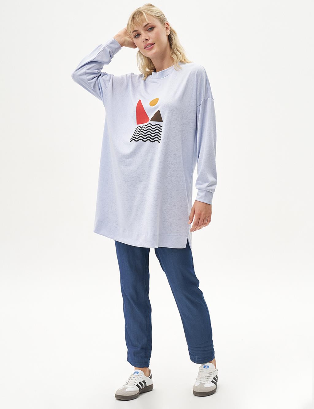 Geometrik Desenli Sweatshirt Mavi