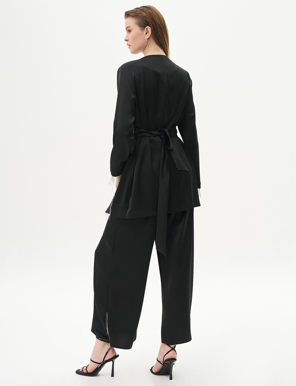 Frilled Satin Wrap Set Black