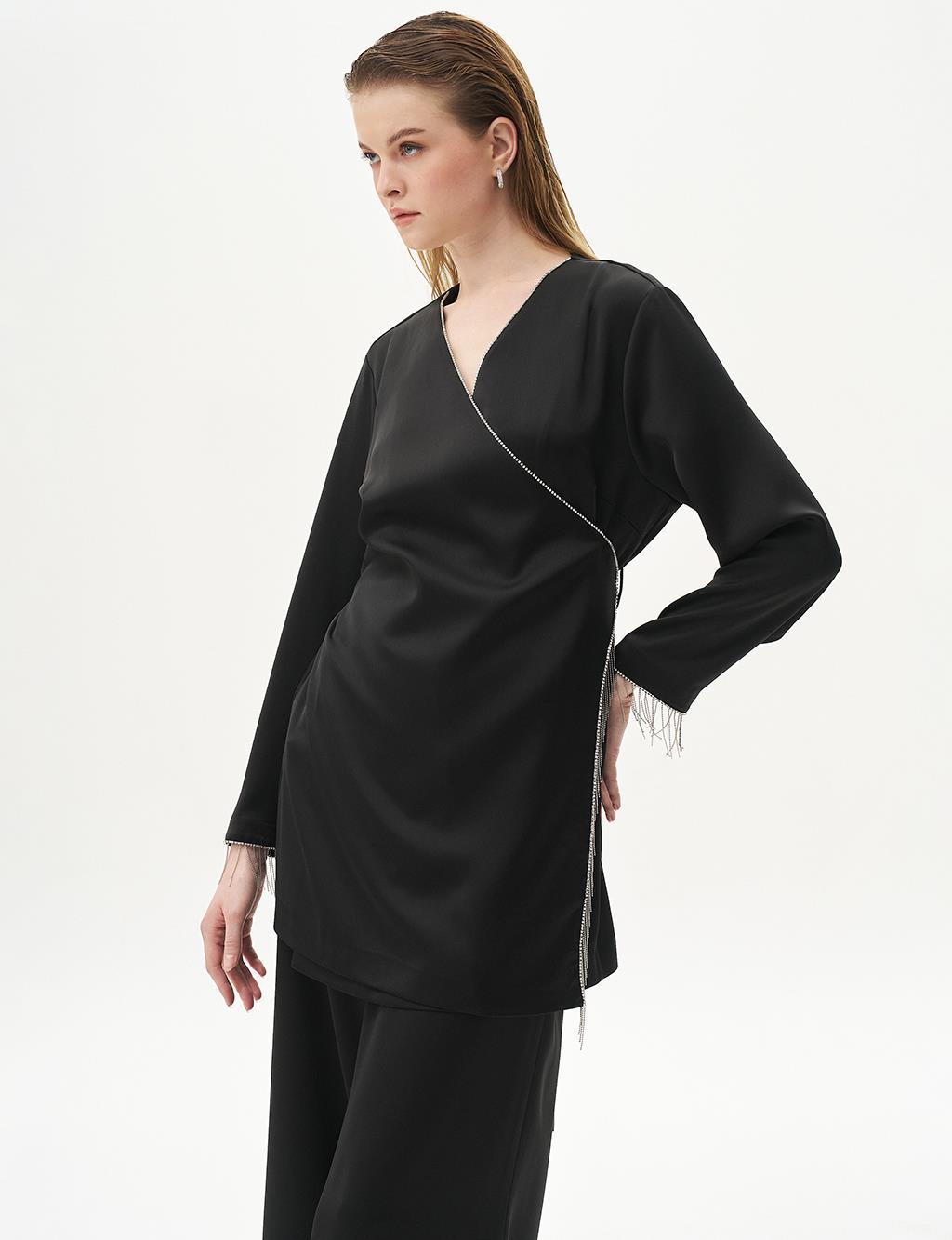 Frilled Satin Wrap Set Black