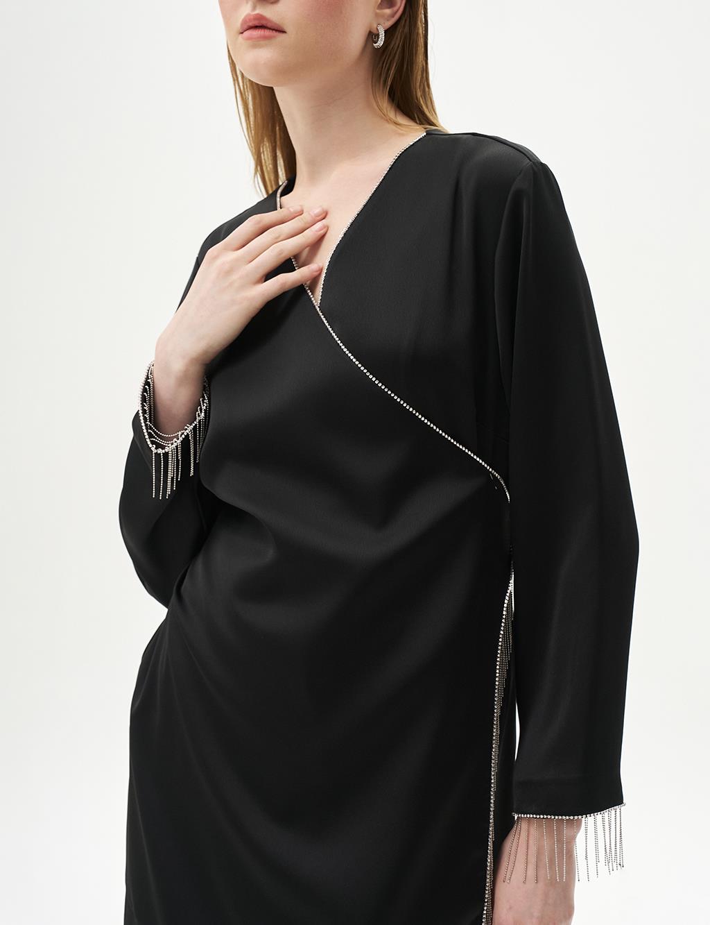 Frilled Satin Wrap Set Black