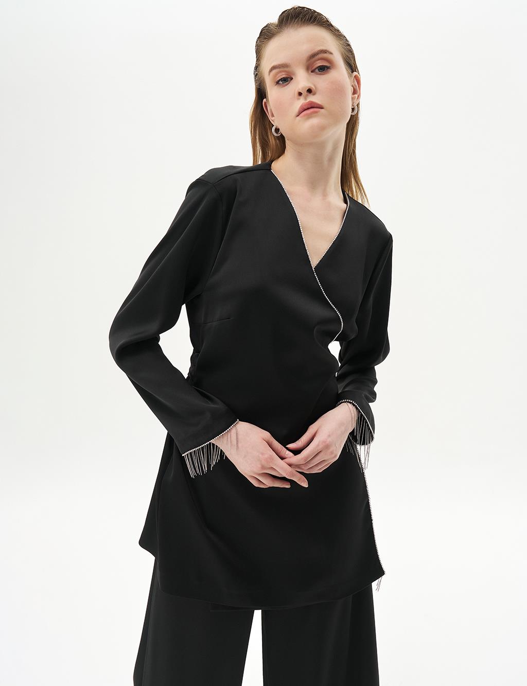 Frilled Satin Wrap Set Black