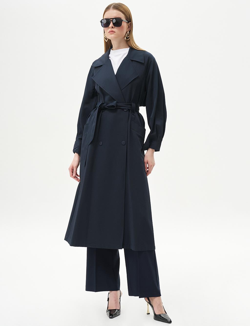 Coat with Wide Lapels Navy Blue