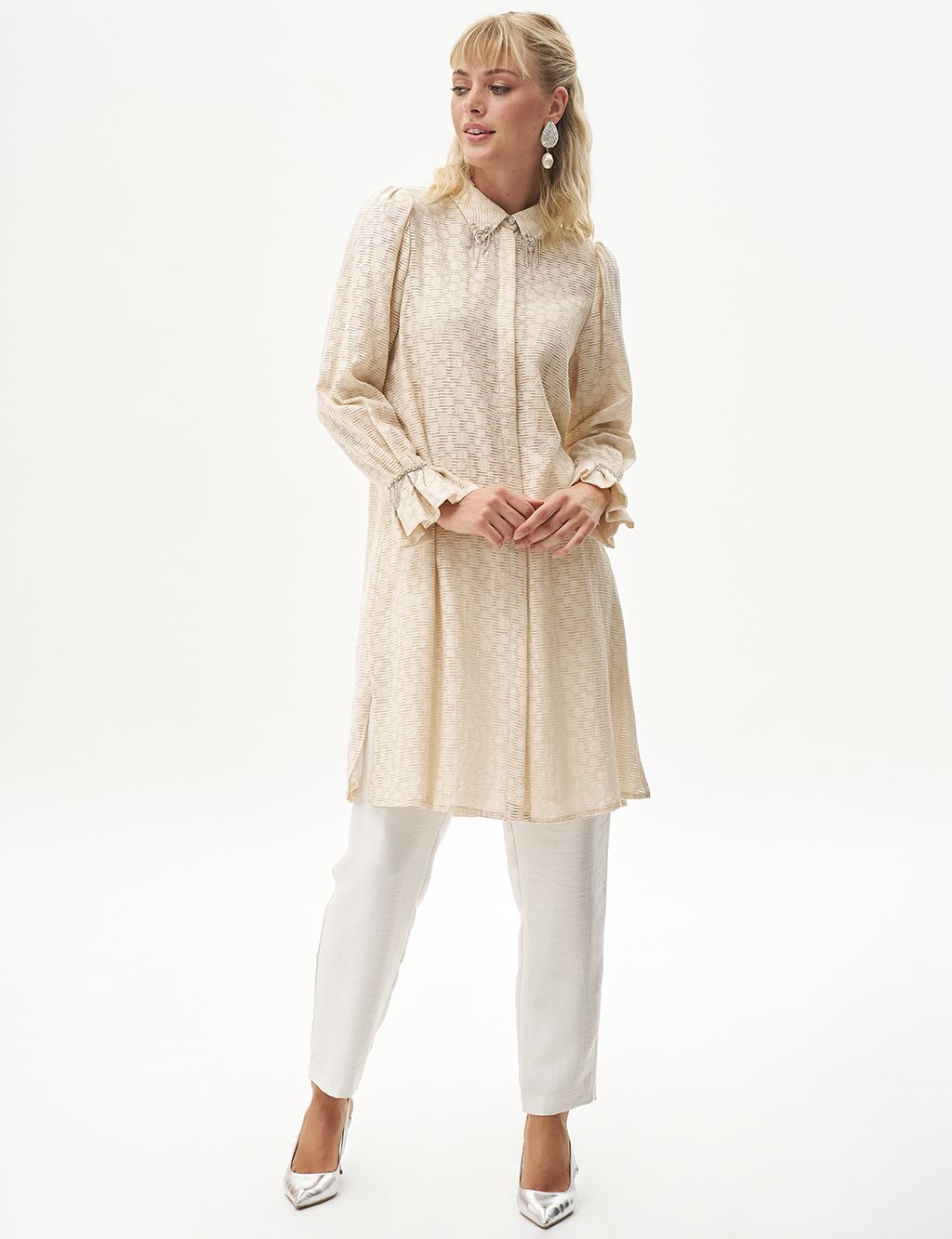 Embellished Collar Abstract Pattern Tunic Cream