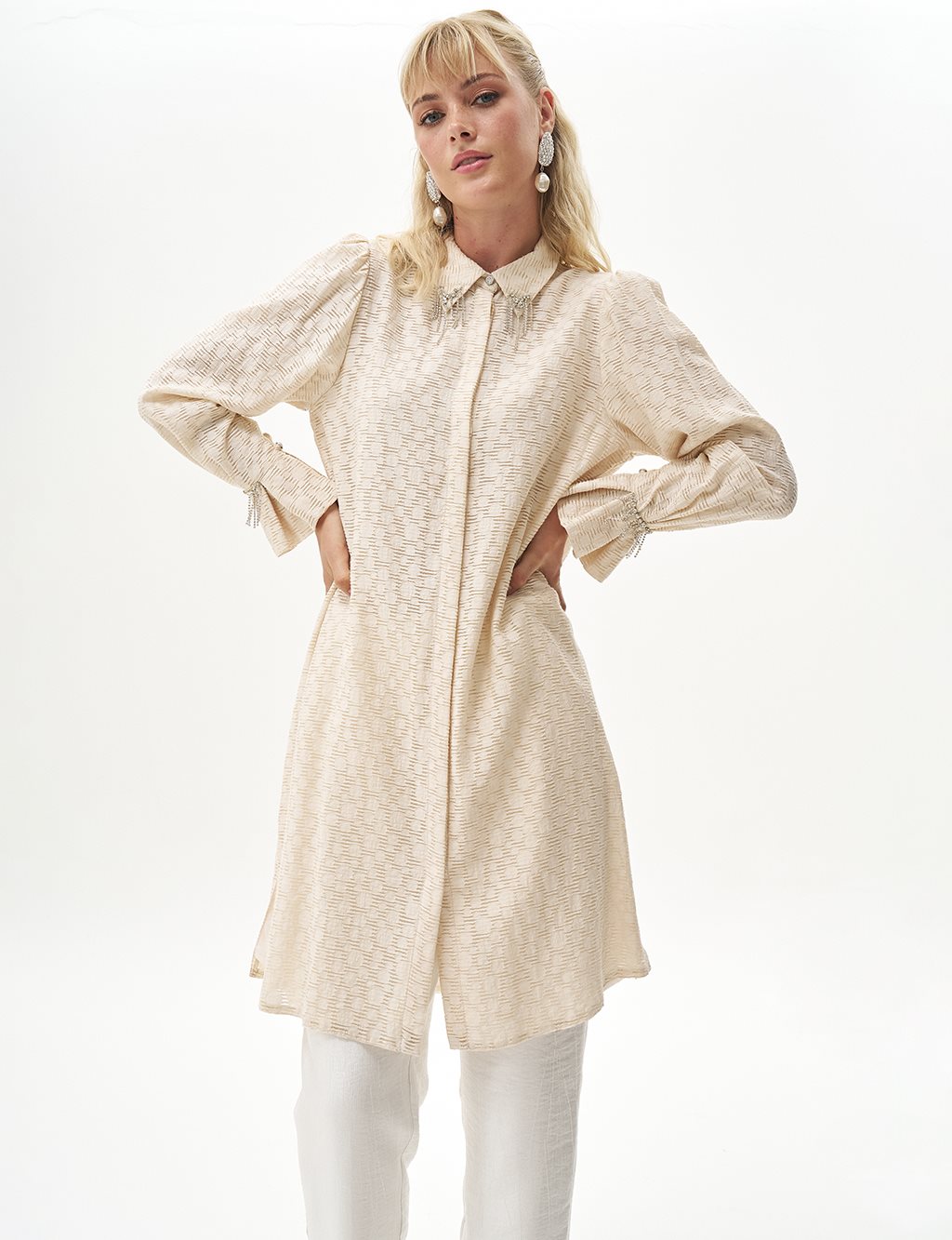 Embellished Collar Abstract Pattern Tunic Cream