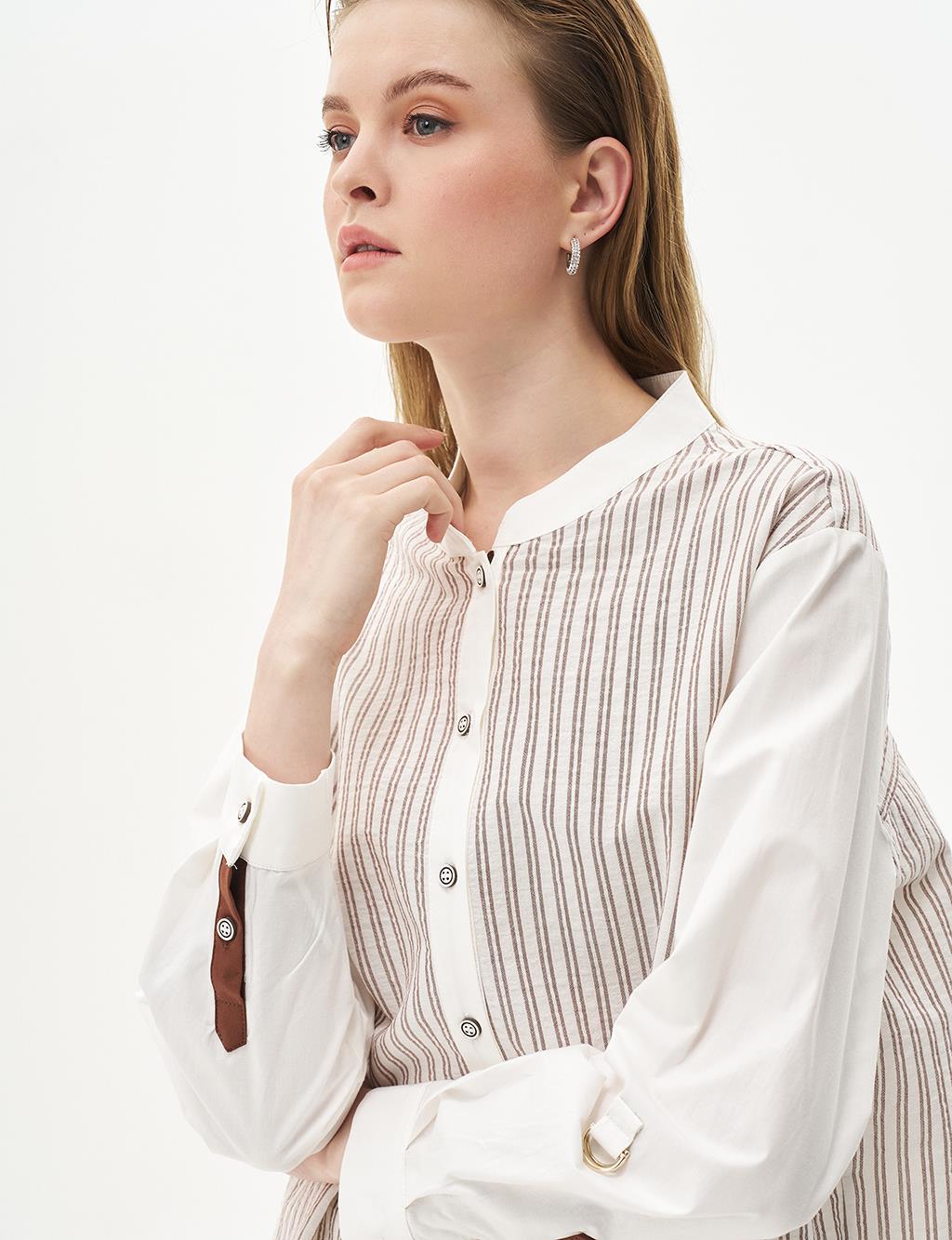 Striped Mandarin Collar Tunic Brown-Optic White