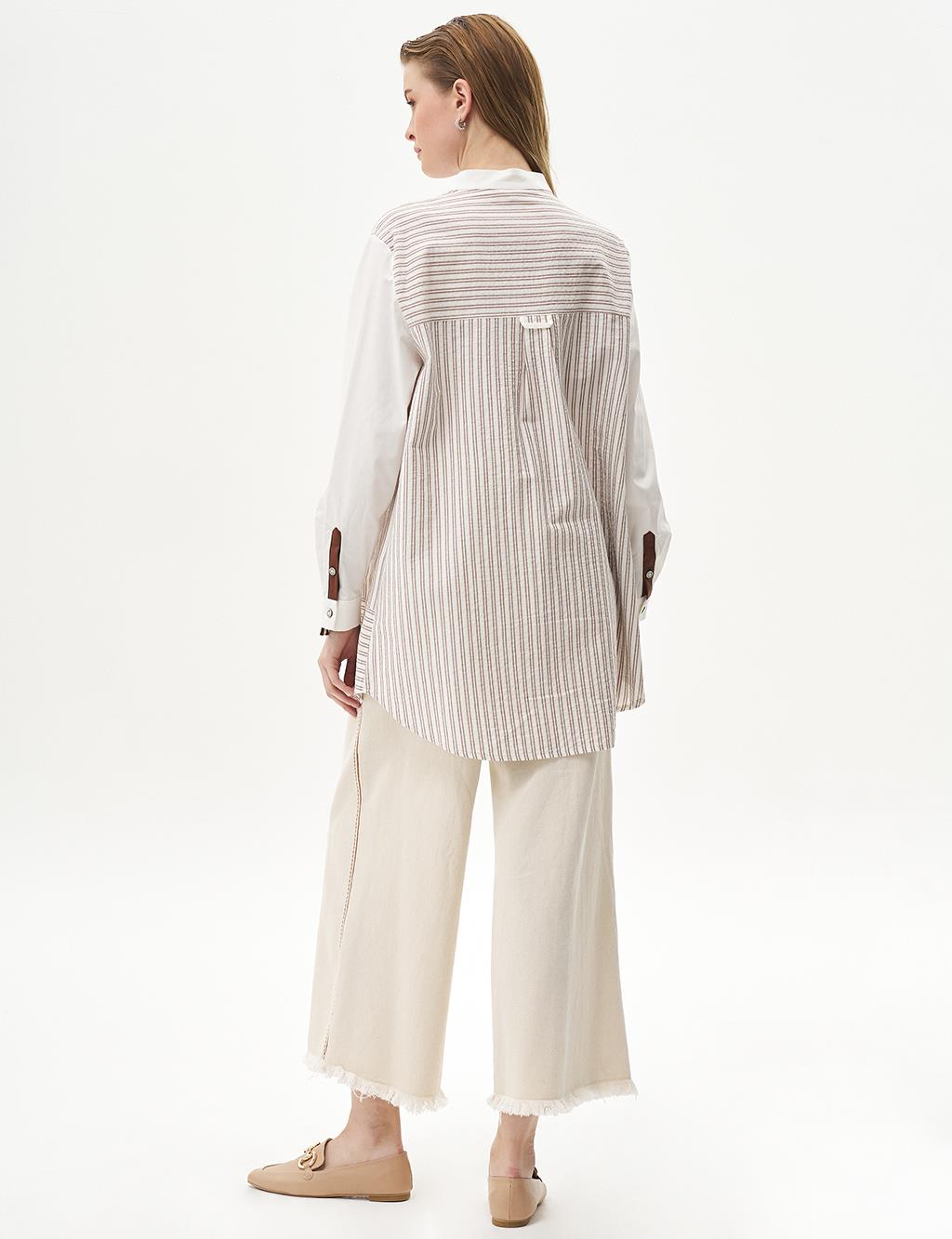 Striped Mandarin Collar Tunic Brown-Optic White