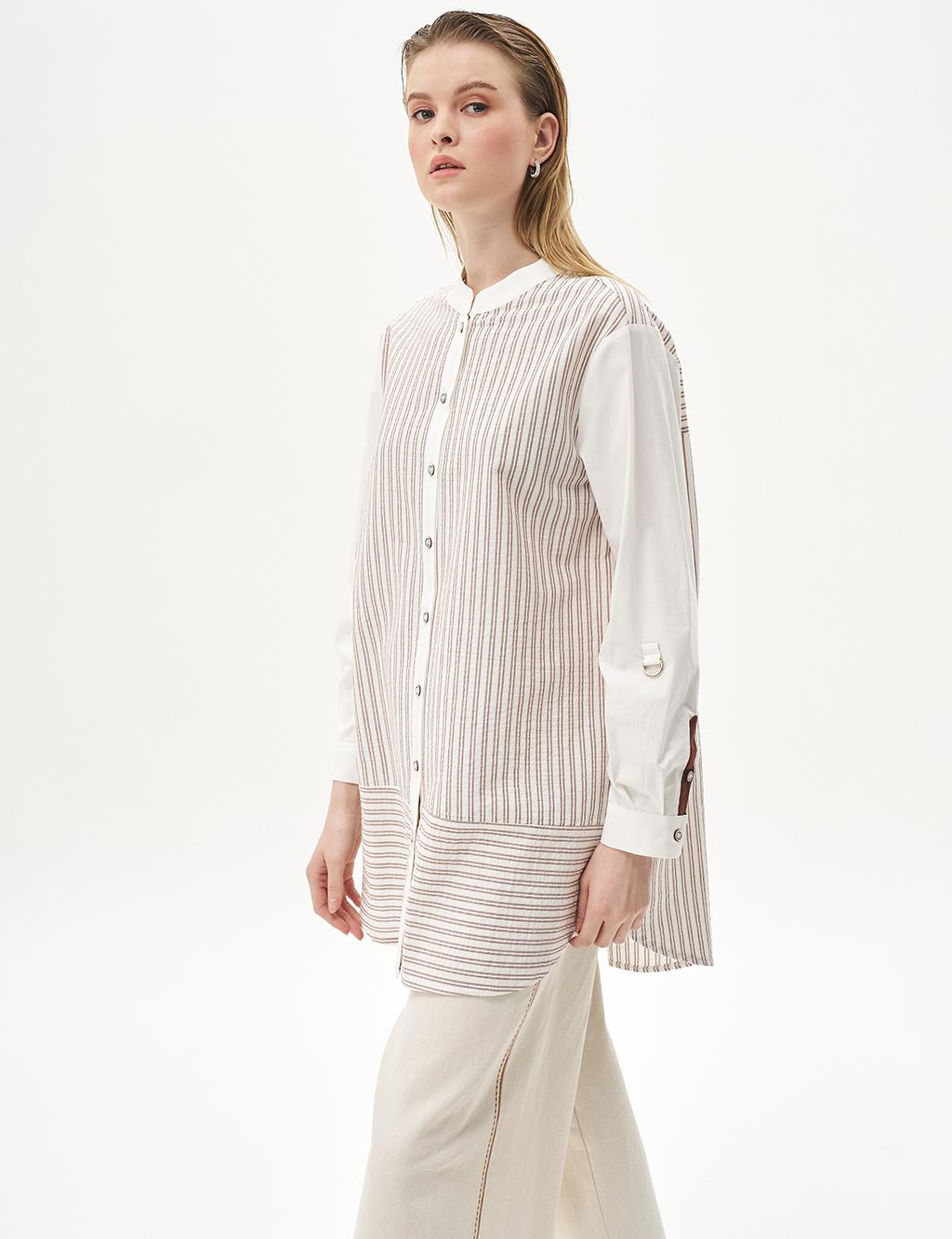 Striped Mandarin Collar Tunic Brown-Optic White