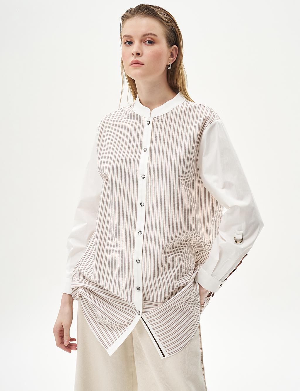 Striped Mandarin Collar Tunic Brown-Optic White