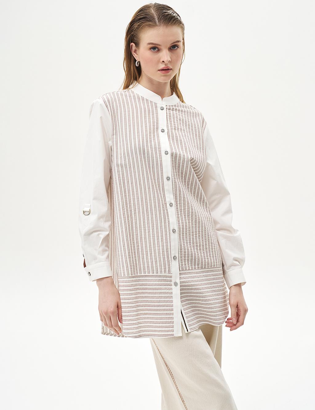 Striped Mandarin Collar Tunic Brown-Optic White