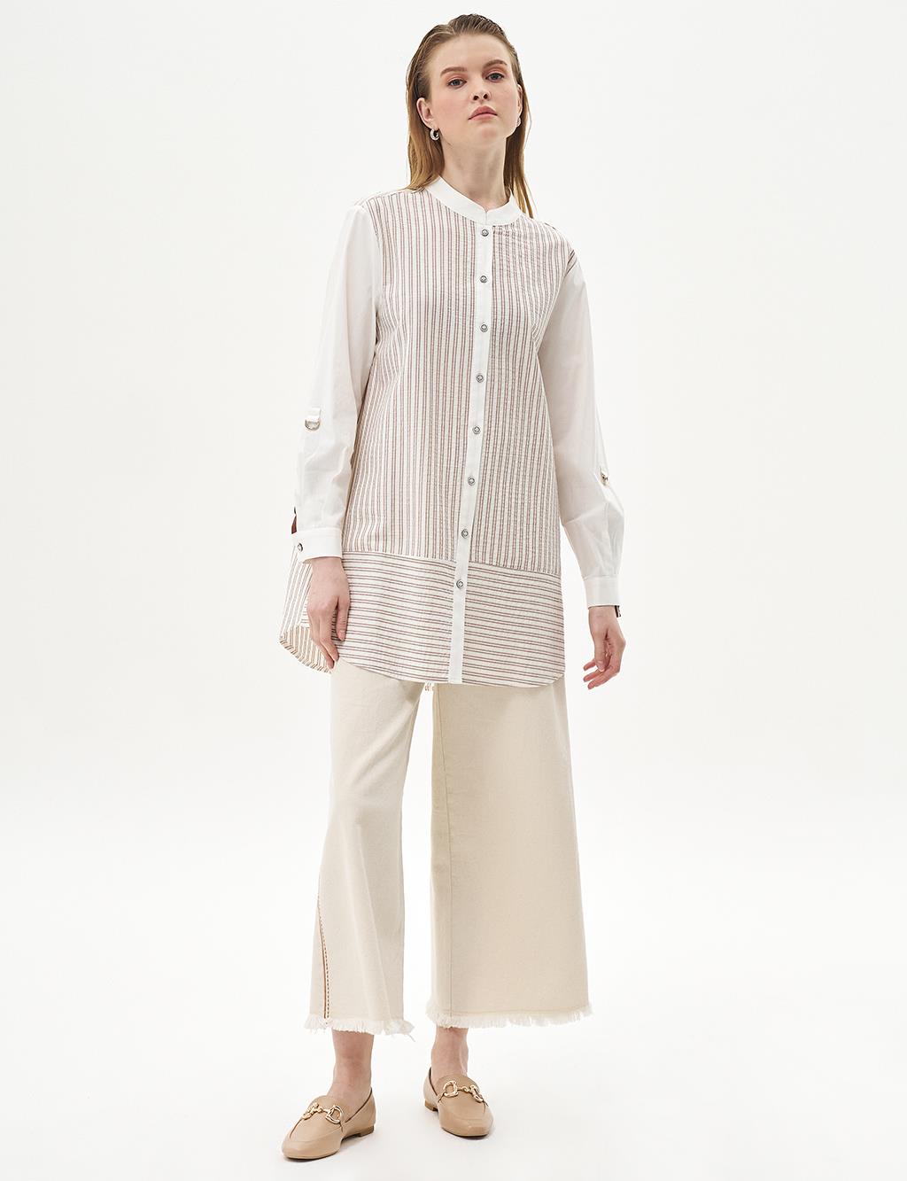 Striped Mandarin Collar Tunic Brown-Optic White