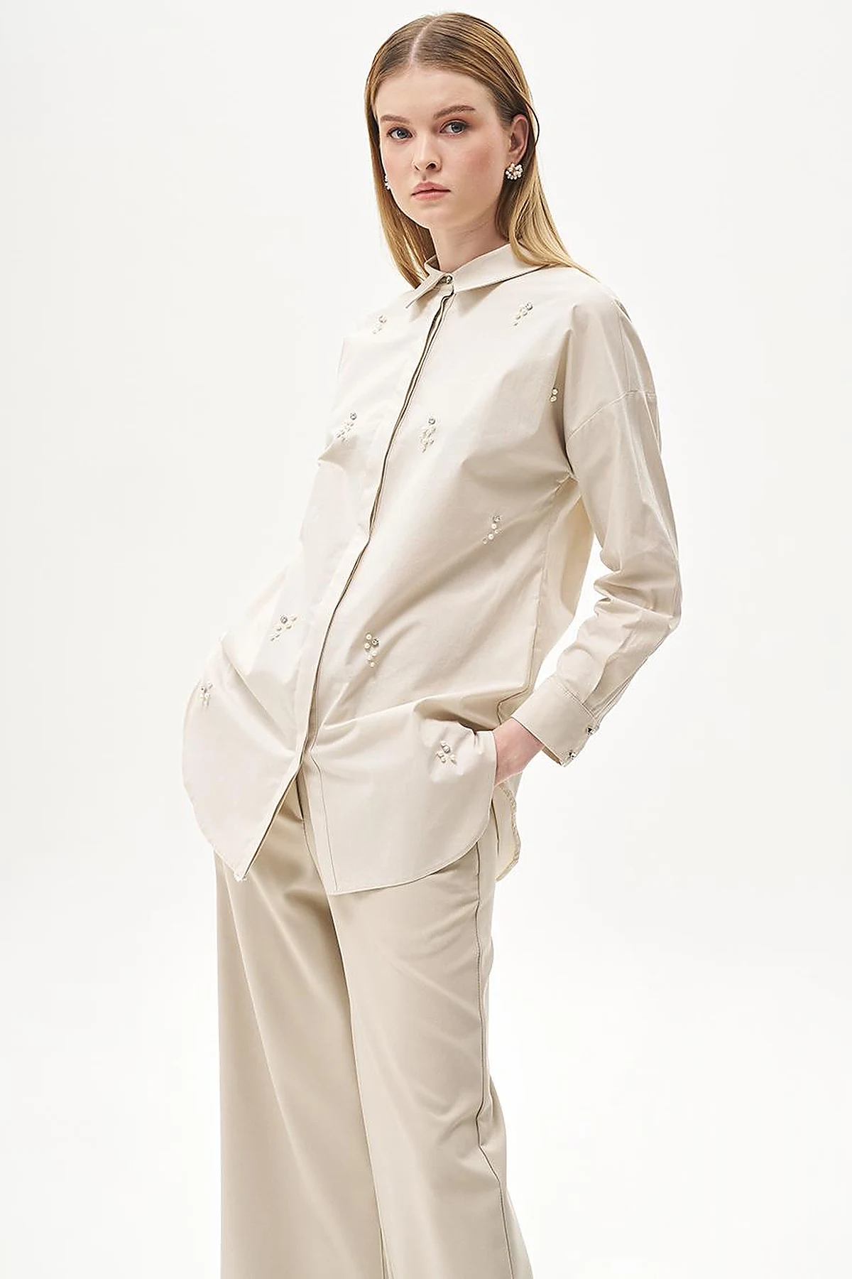 Stone Embellished Poplin Tunic Stone