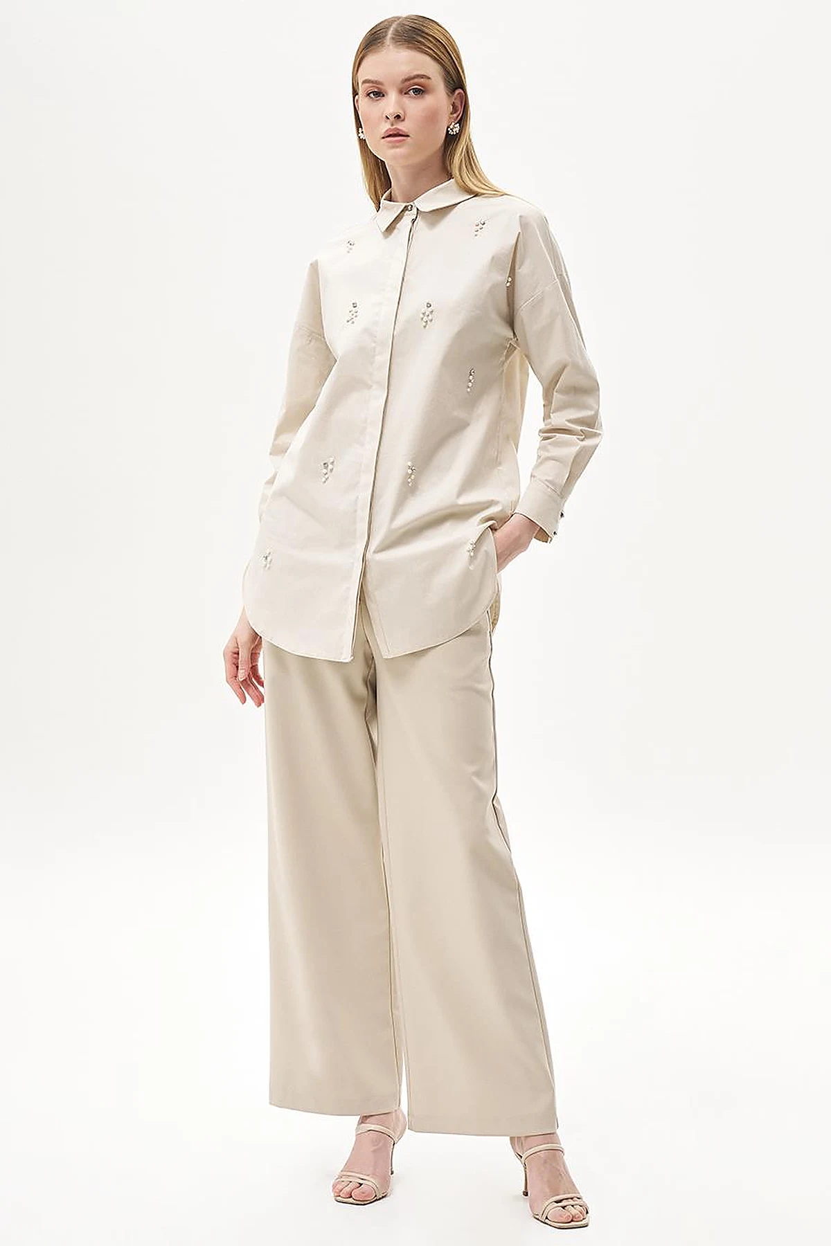 Stone Embellished Poplin Tunic Stone