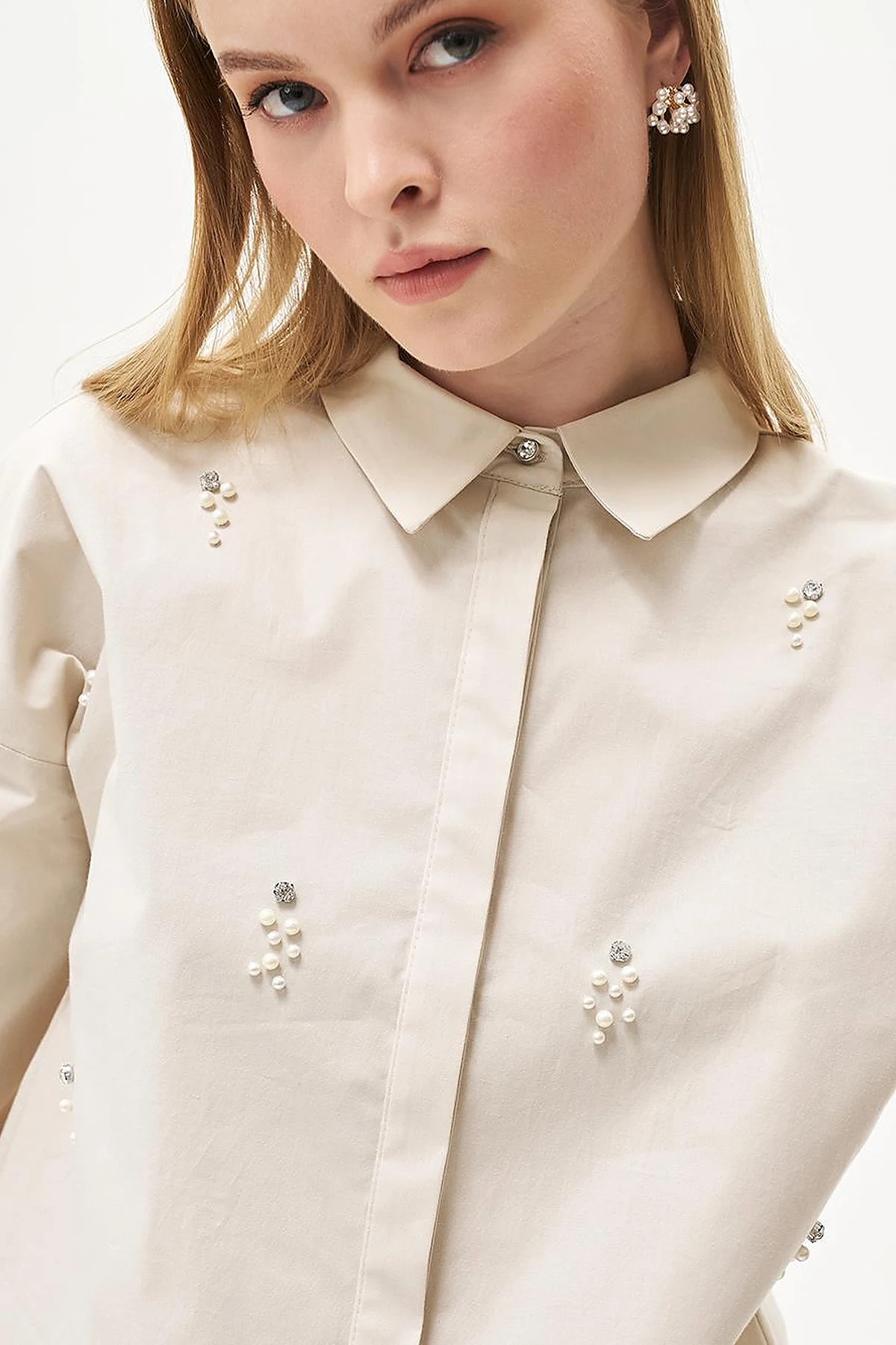 Stone Embellished Poplin Tunic Stone