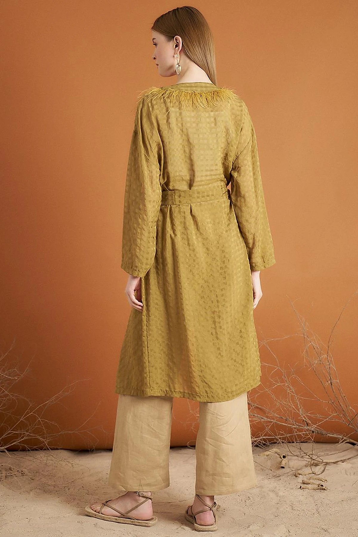 Gingham Feather Detail Kimono Olive