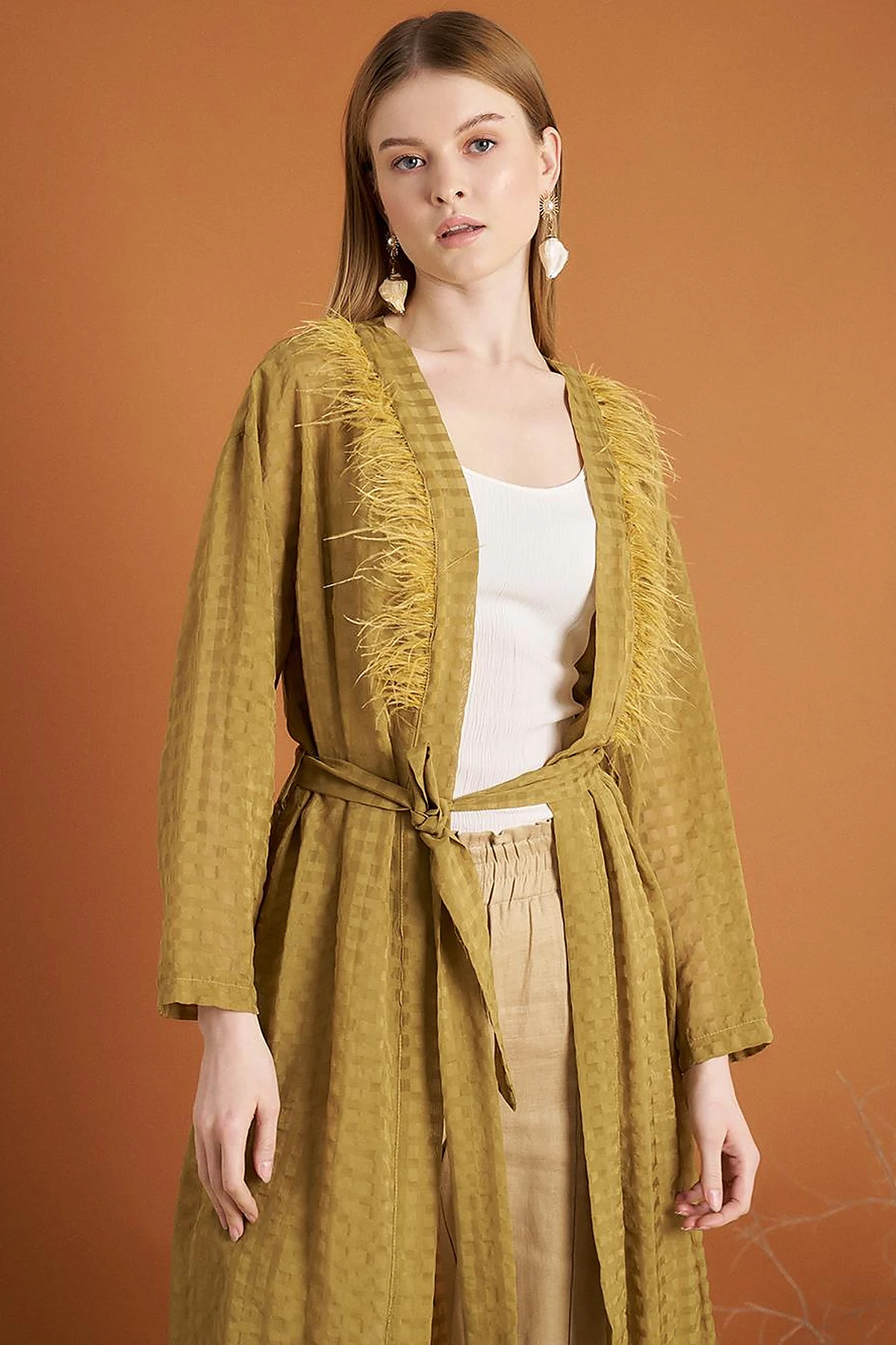 Gingham Feather Detail Kimono Olive