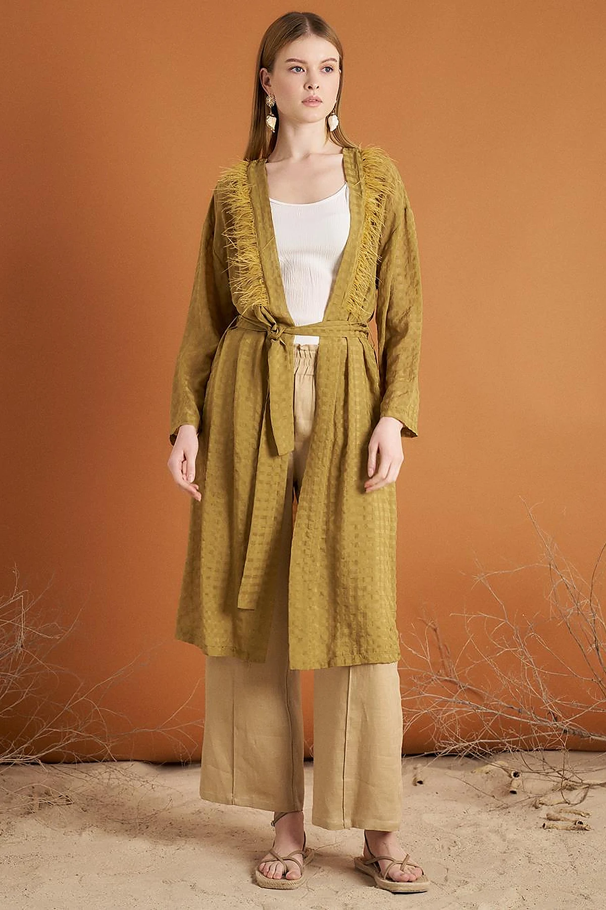 Gingham Feather Detail Kimono Olive