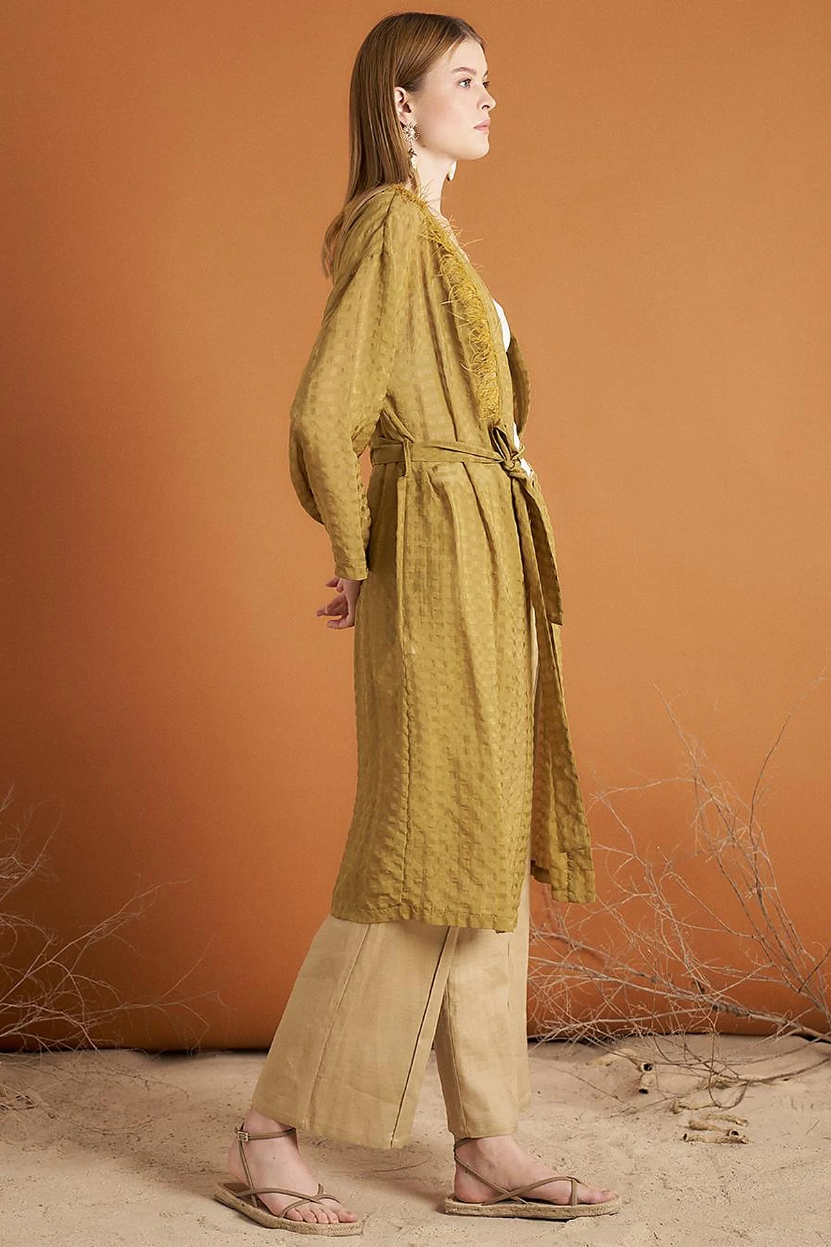 Gingham Feather Detail Kimono Olive