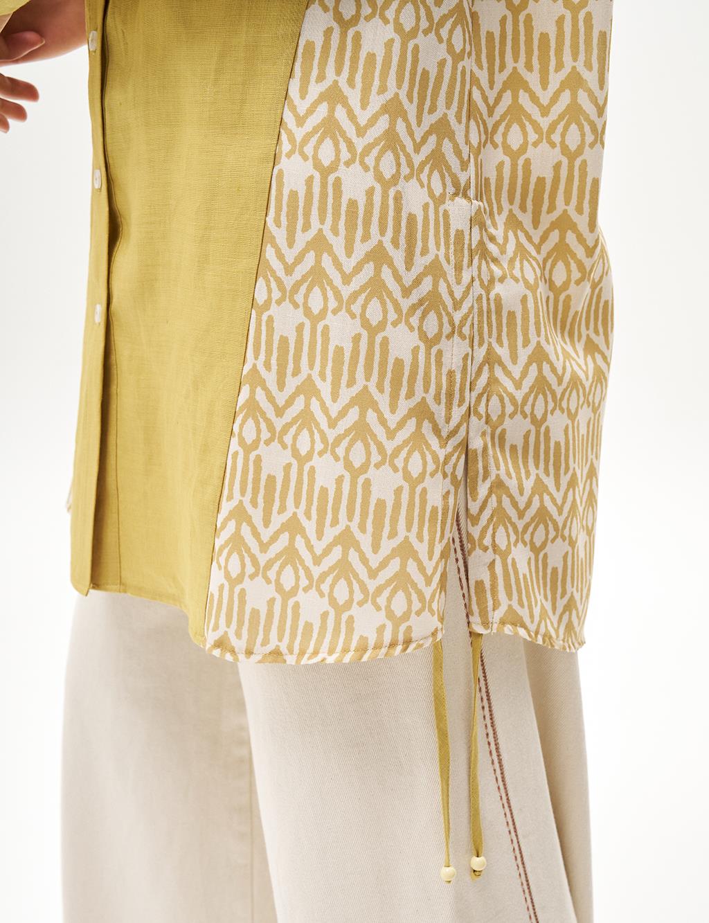 Printed Detailed Linen Tunic Oliv