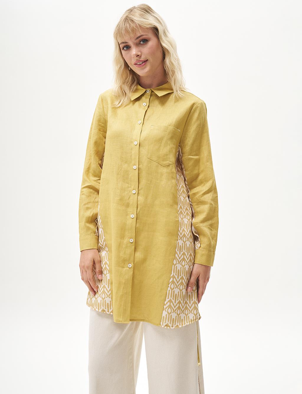 Printed Detailed Linen Tunic Oliv