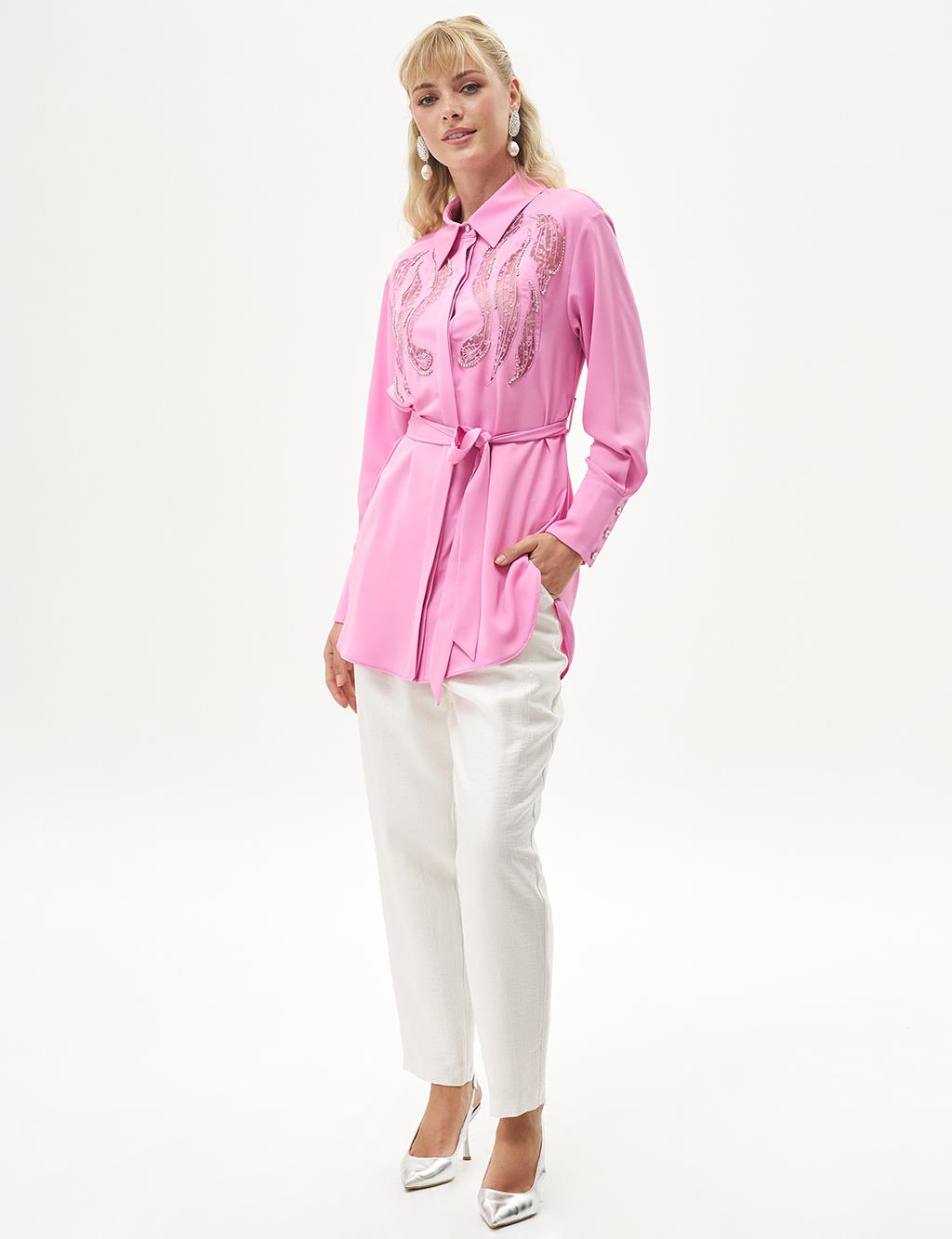 Embroidered Wide Cuff Tunic Candy Pink