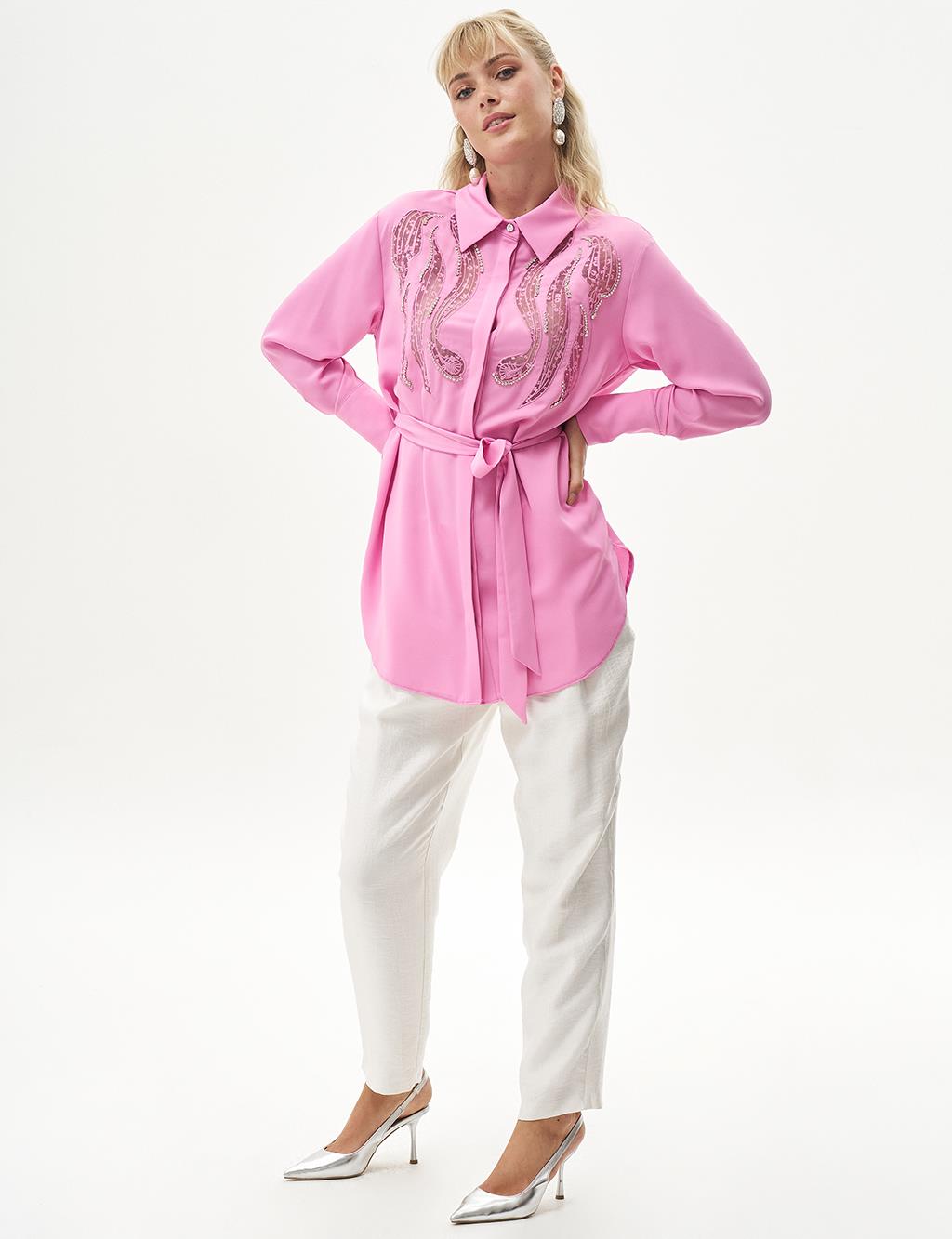 Embroidered Wide Cuff Tunic Candy Pink