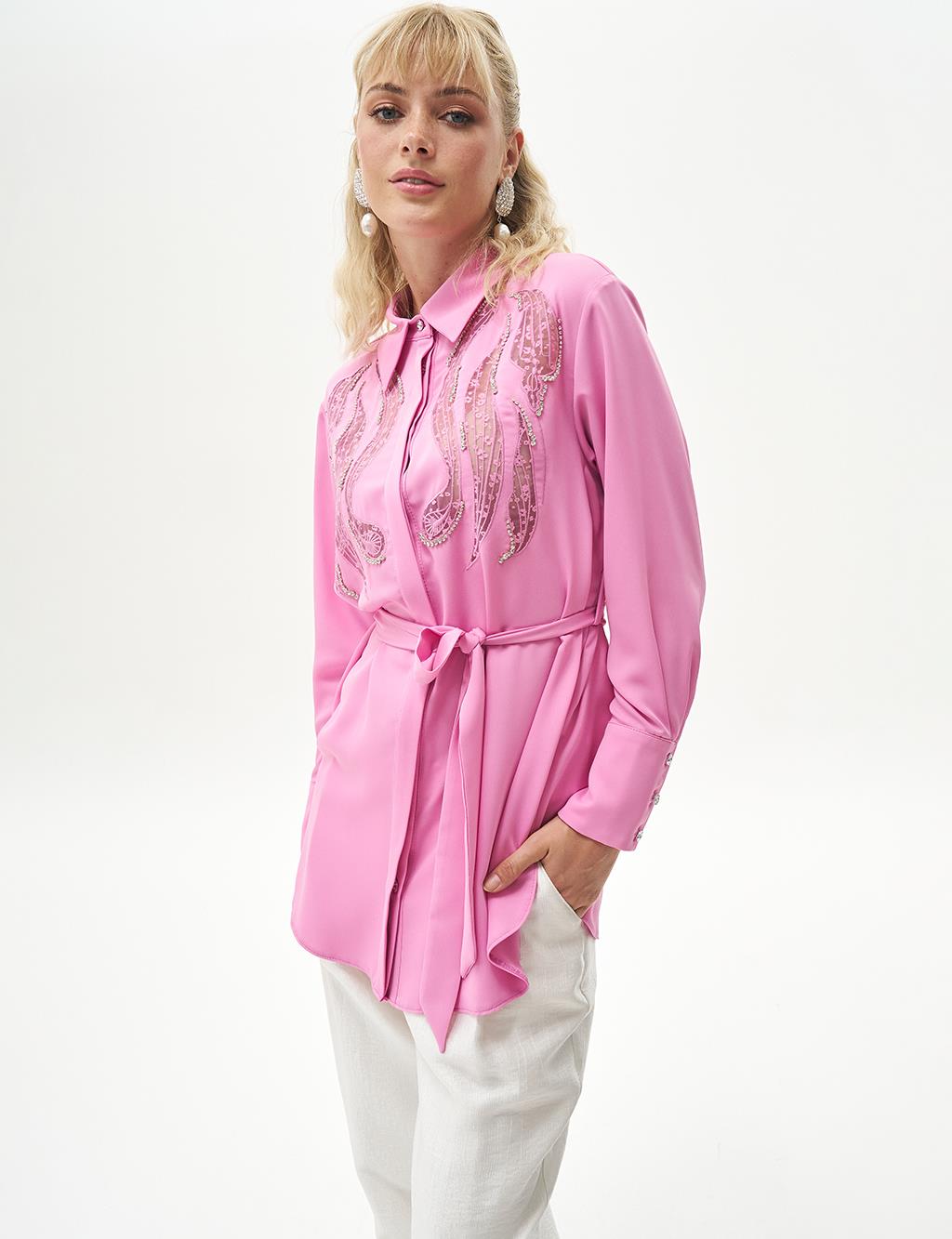 Embroidered Wide Cuff Tunic Candy Pink