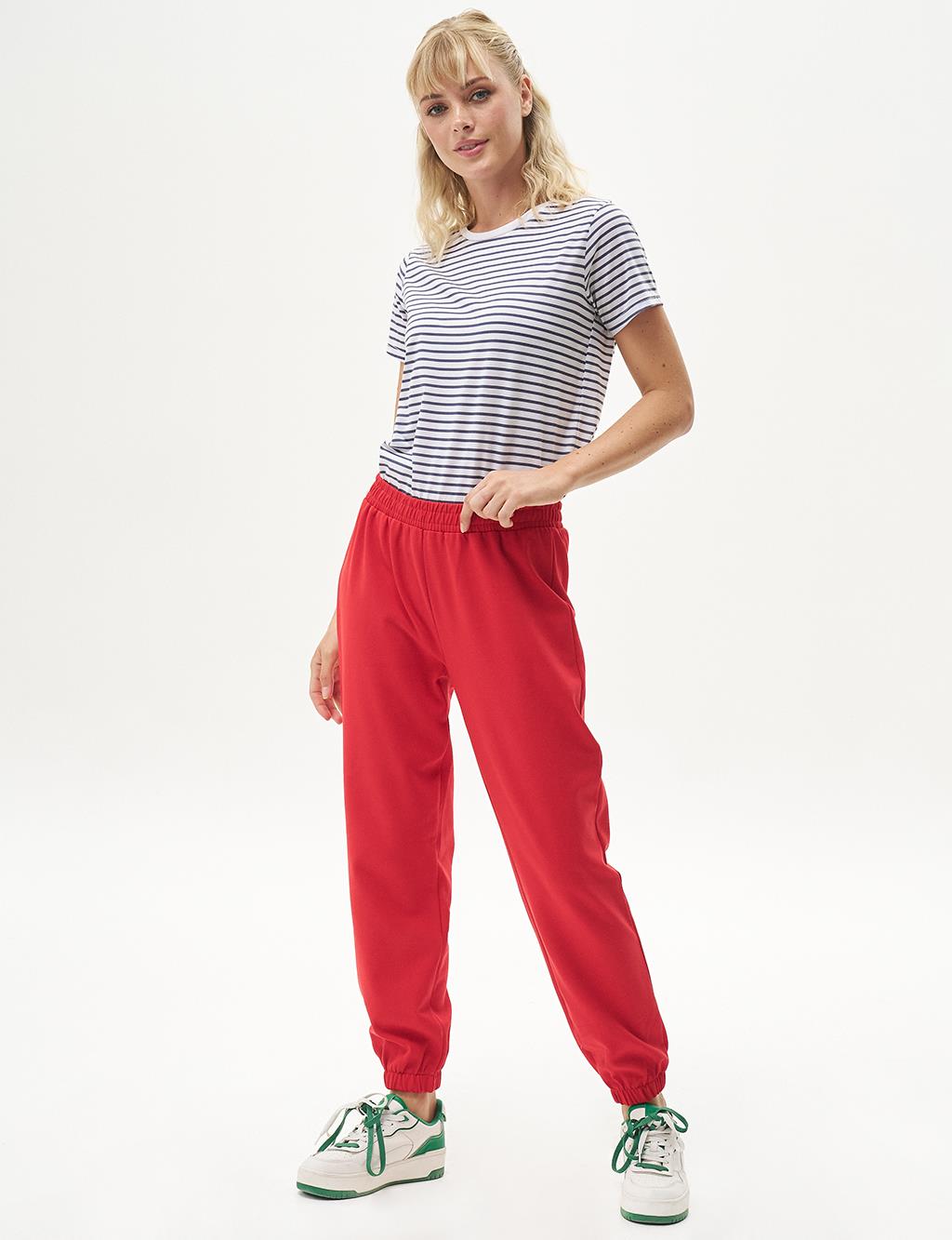 Elasticated Textured Jogger Pants Red