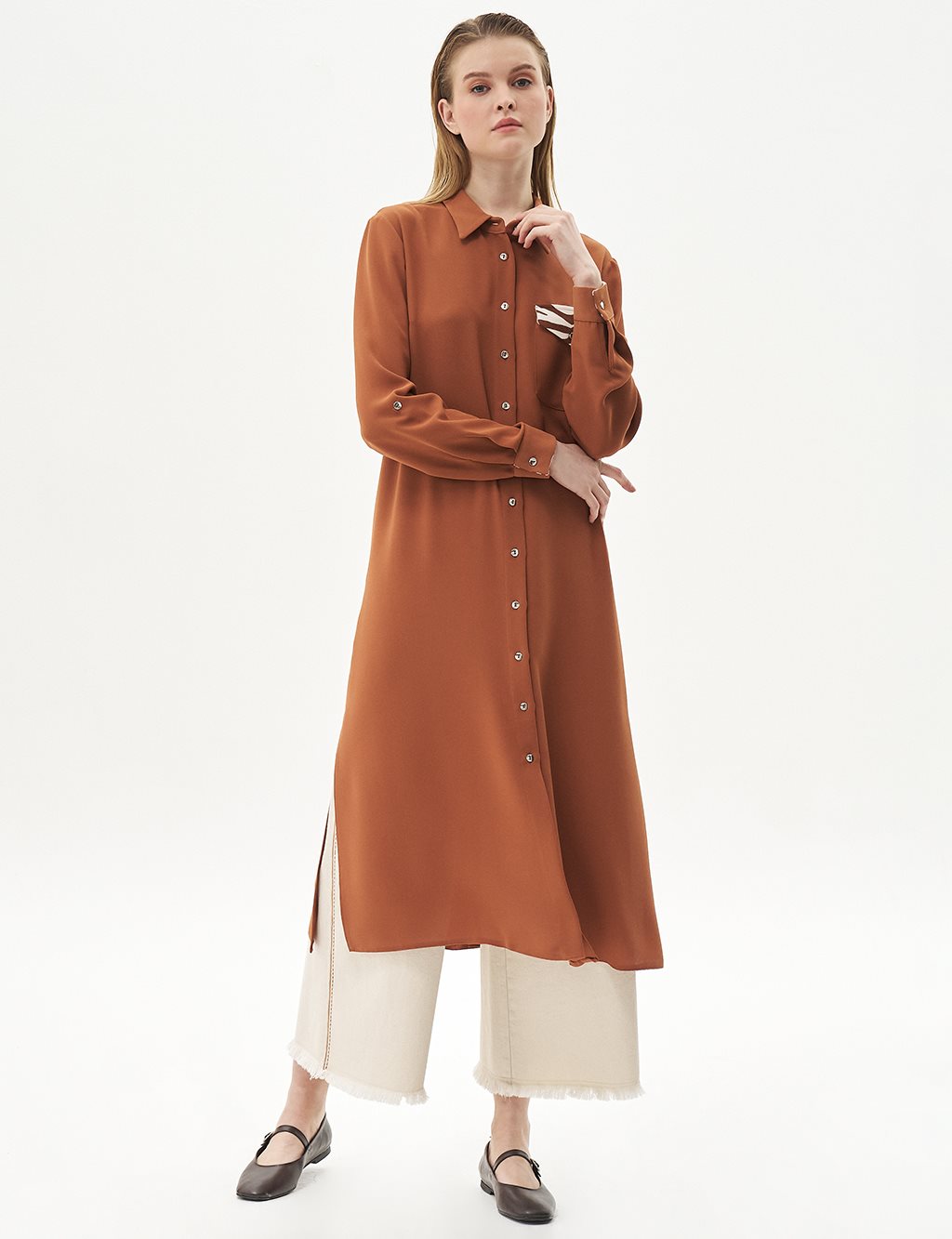 Single Pocket Full Length Tunic Biscuit