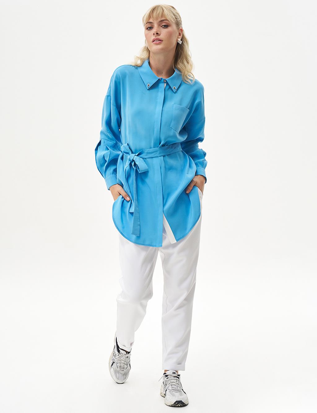 Bird's Eye Detail Rayon Tunic Sky Blue