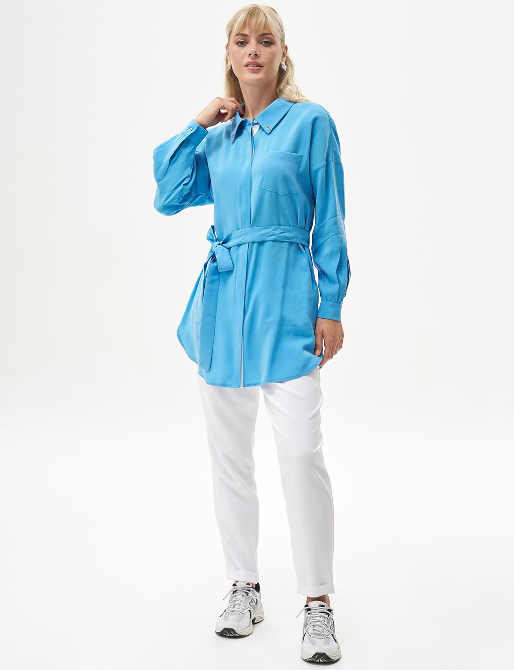 Bird's Eye Detail Rayon Tunic Sky Blue