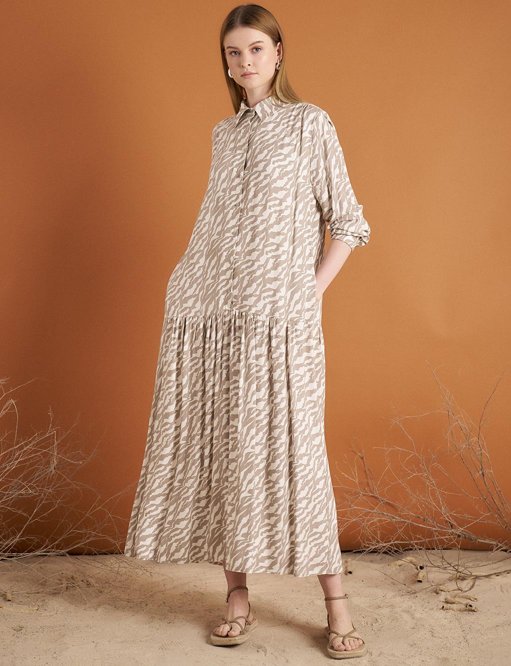 Ruffled Hem Floral Pattern Dress Cream