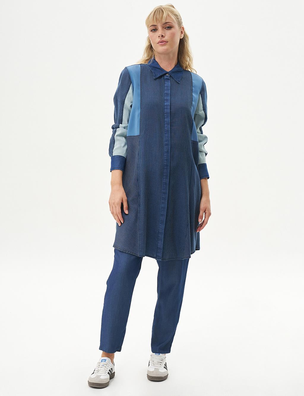 Stripe Pattern Lyocell Tunic Navy Blue