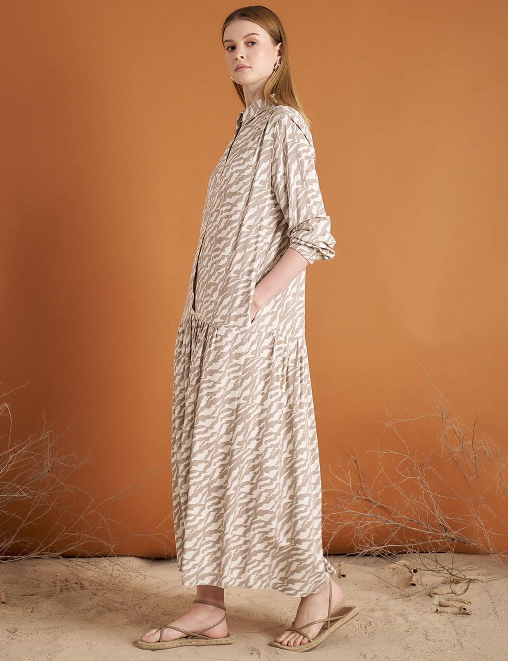 Ruffled Hem Floral Pattern Dress Cream