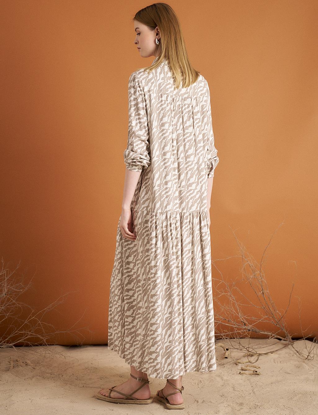 Ruffled Hem Floral Pattern Dress Cream