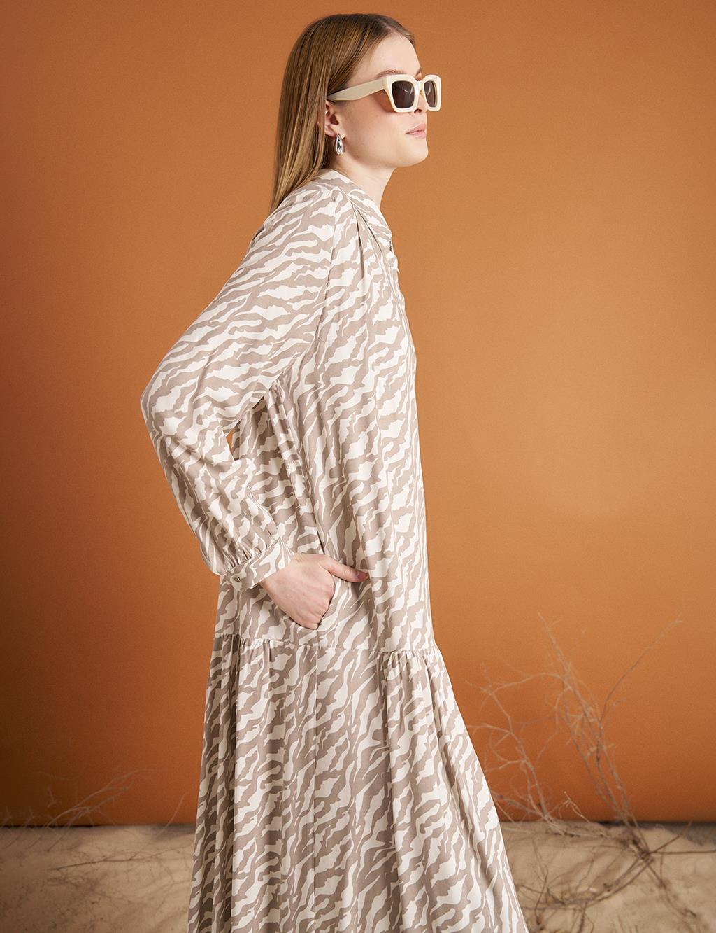 Ruffled Hem Floral Pattern Dress Cream