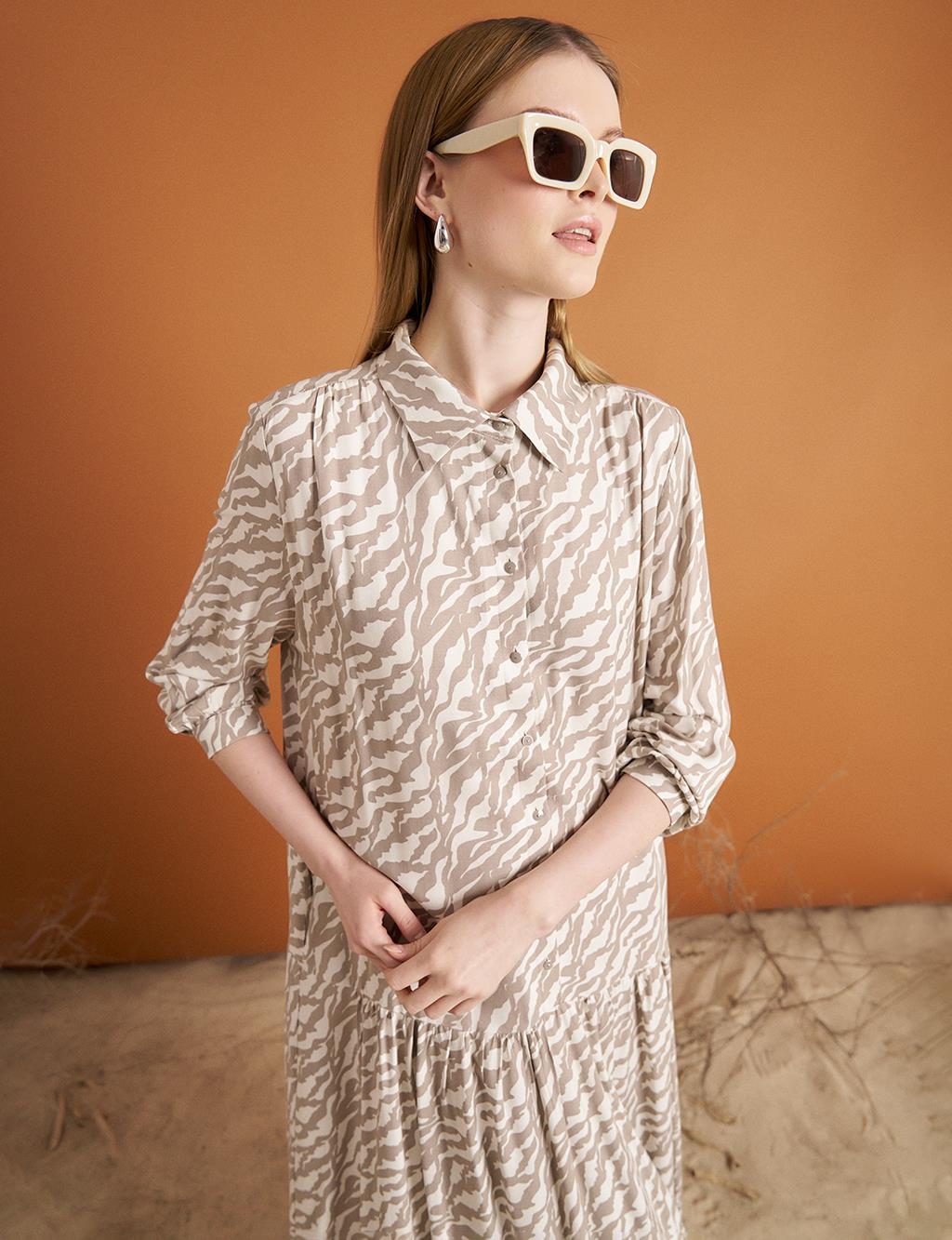 Ruffled Hem Floral Pattern Dress Cream