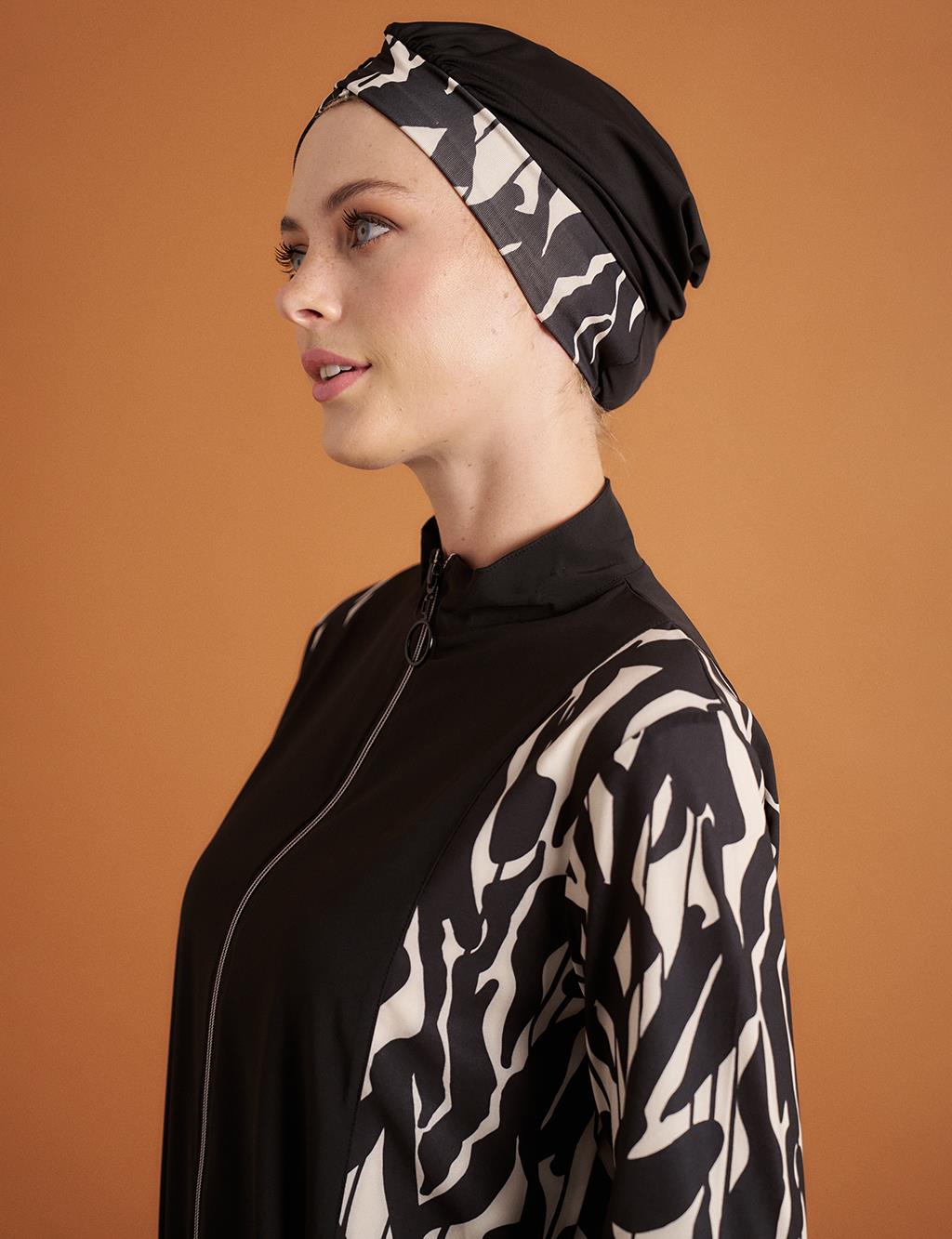 Abstract Pattern Hijab Swimsuit Black