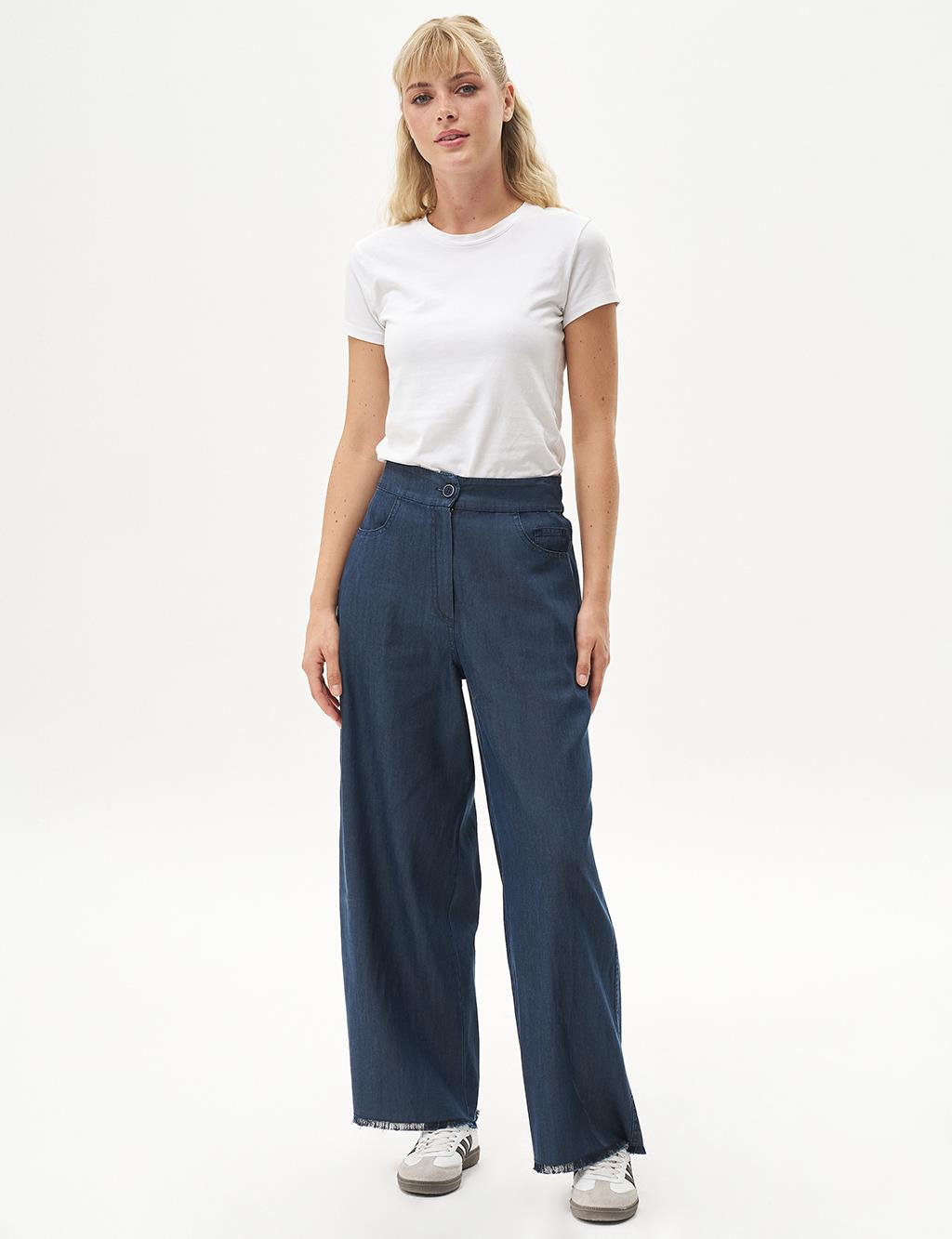 Lyocell Trousers with Tassels on the Legs Navy Blue
