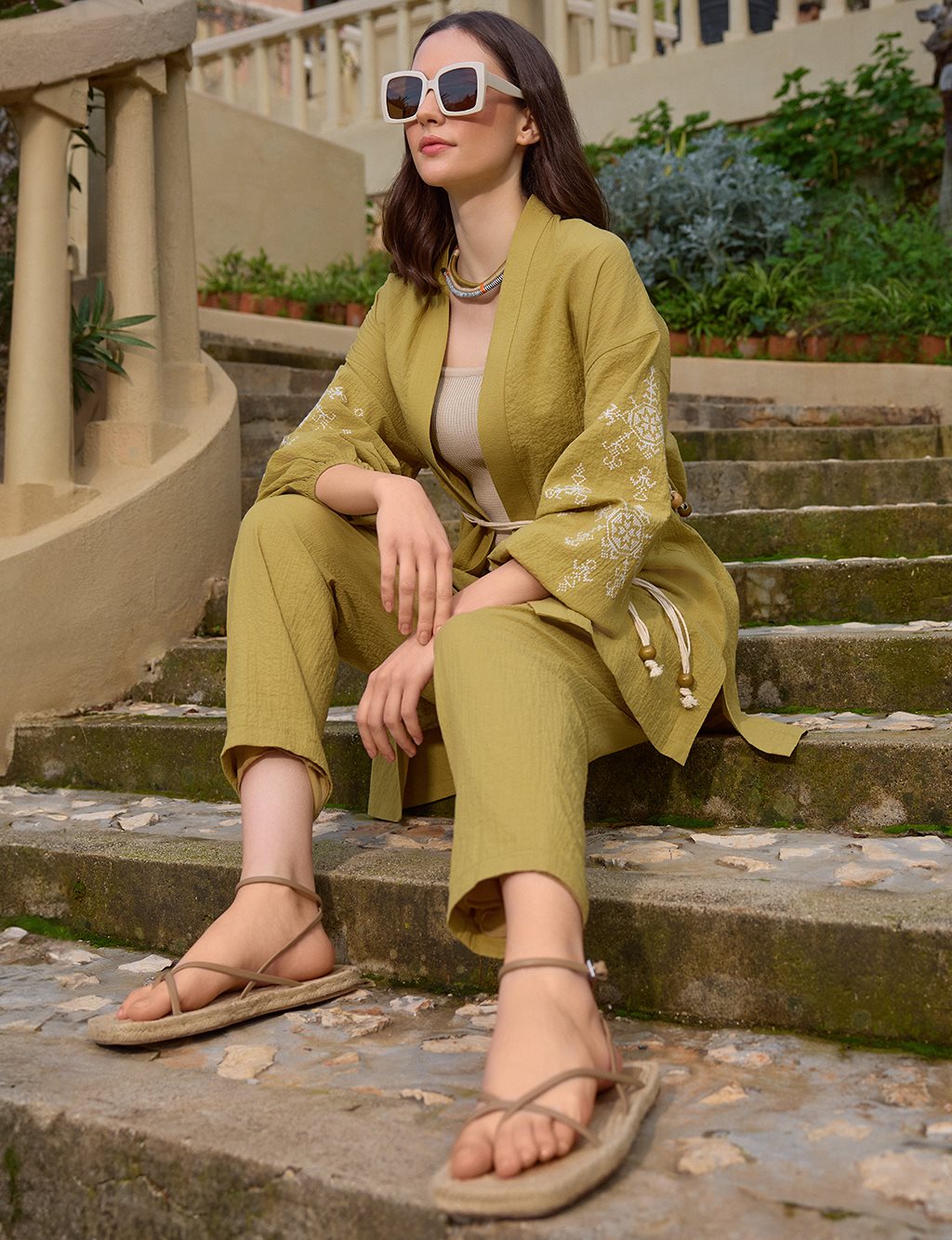 Embroidered Double Suit Khaki