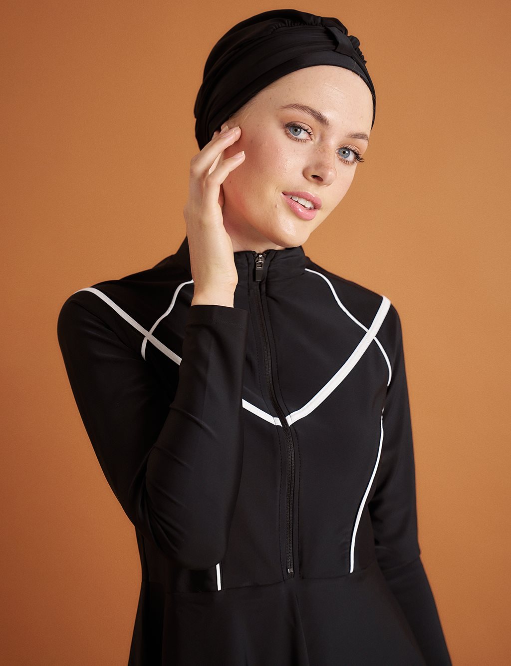 Contrast Stitched Hijab Swimsuit Black