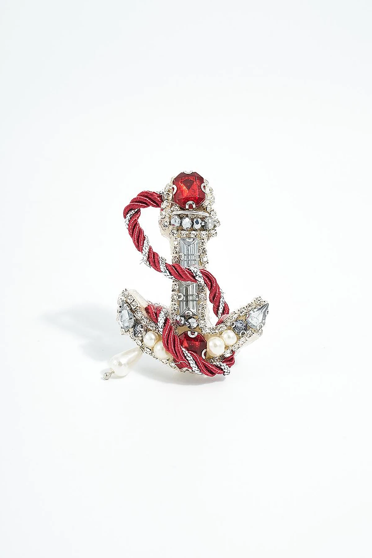 Handmade Silver Anchor Brooch with Pearl and Stone Details