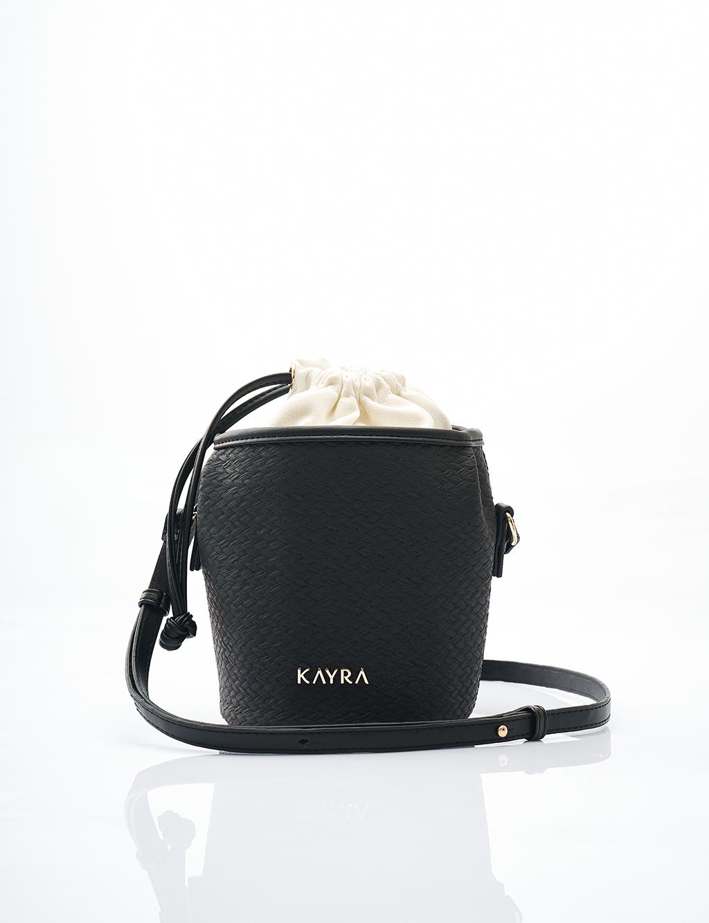  Woven Look Bucket Bag in Black