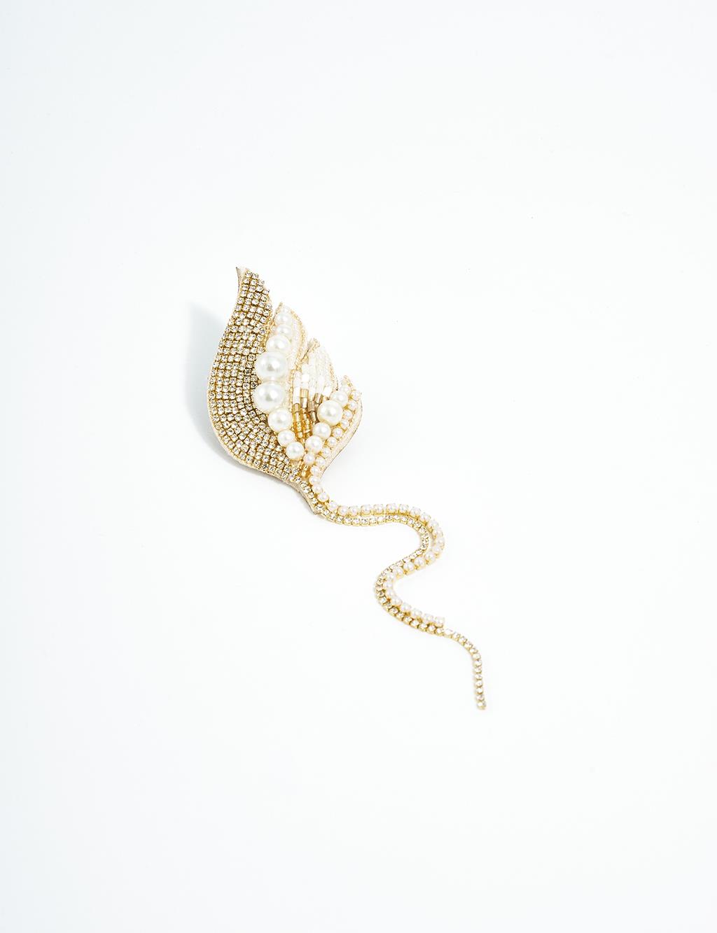 Handmade Ecru Leaf Figured Brooch with Pearl and Stone Details