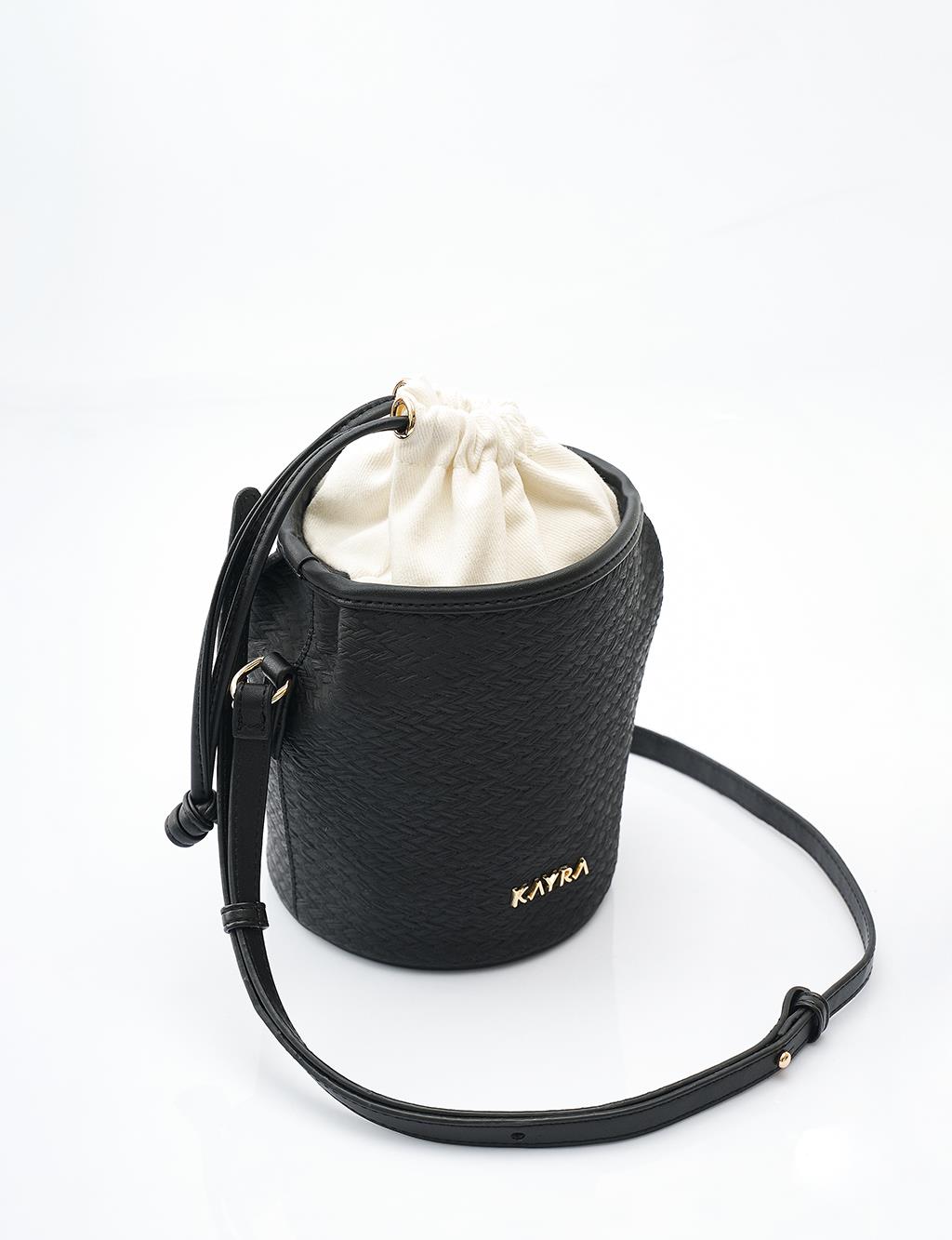  Woven Look Bucket Bag in Black