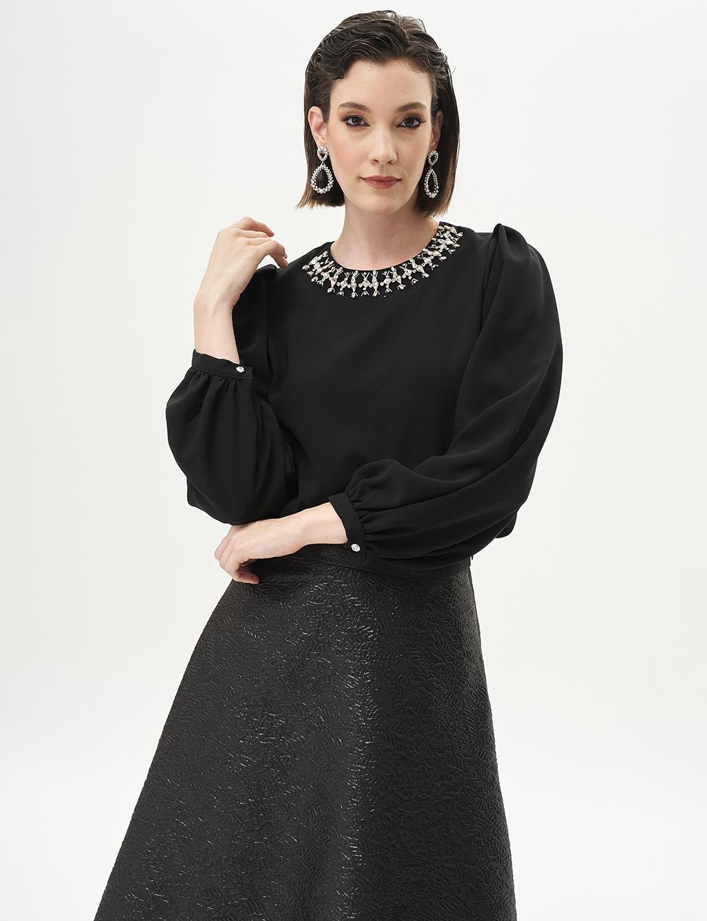 Embellished Collar Stylish Blouse in Black