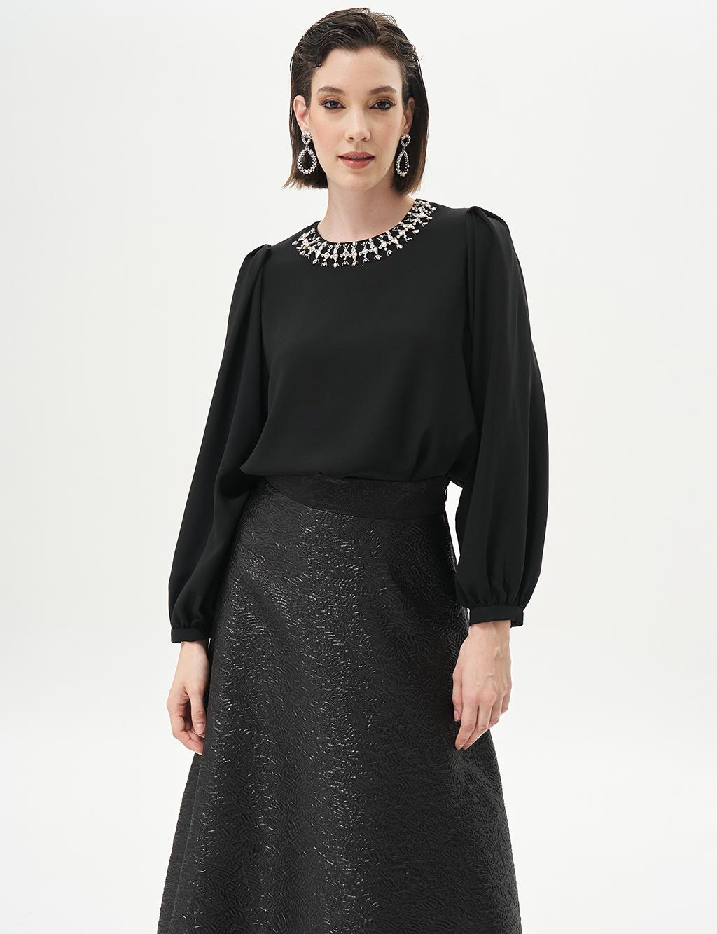 Embellished Collar Stylish Blouse in Black