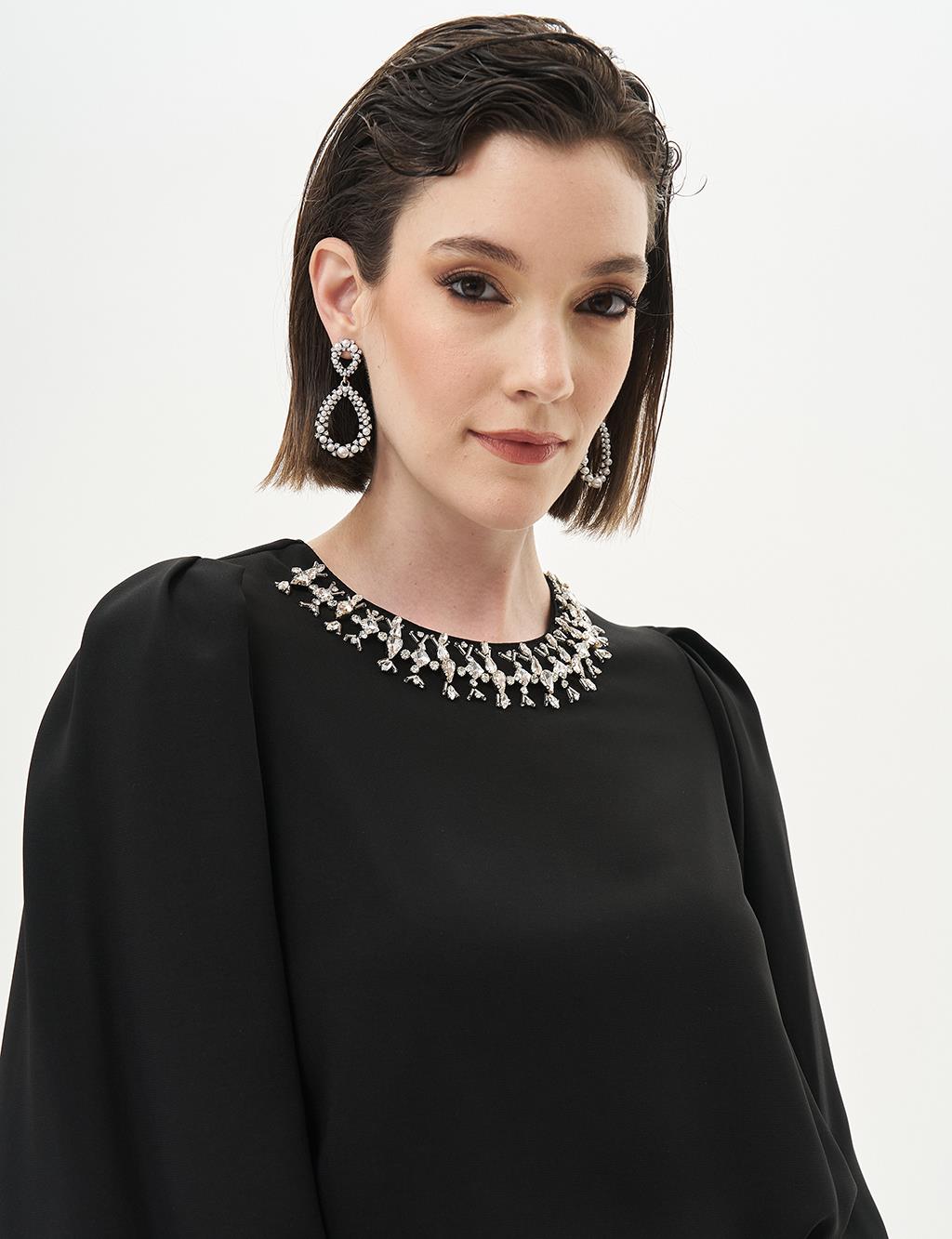 Embellished Collar Stylish Blouse in Black