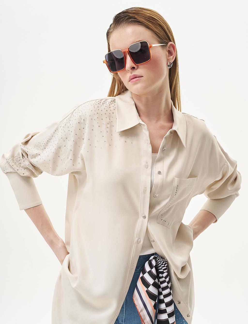 Hotfix Printed Shirt Collar Tunic Stone