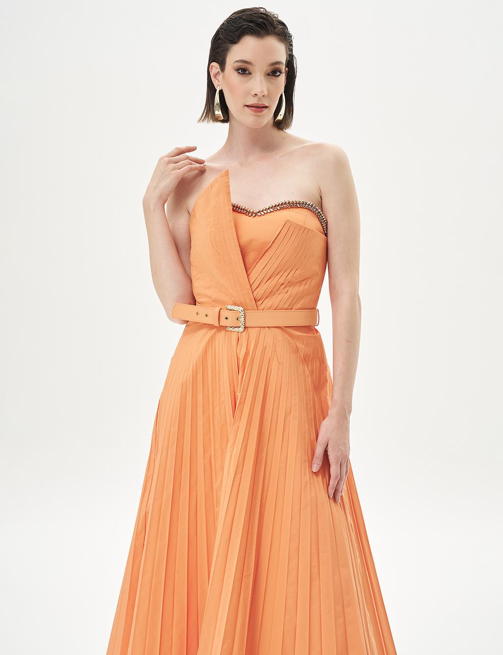 Stone-Embellished Strapless Neck Evening Dress in Peach